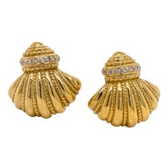 1980
s Diamond 18 Karat Yellow Gold Fan Shape Lever-Back Estate Earrings