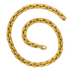 1980s Diamond 18 Karat Yellow Gold Hammered Cable Chain Vintage Necklace