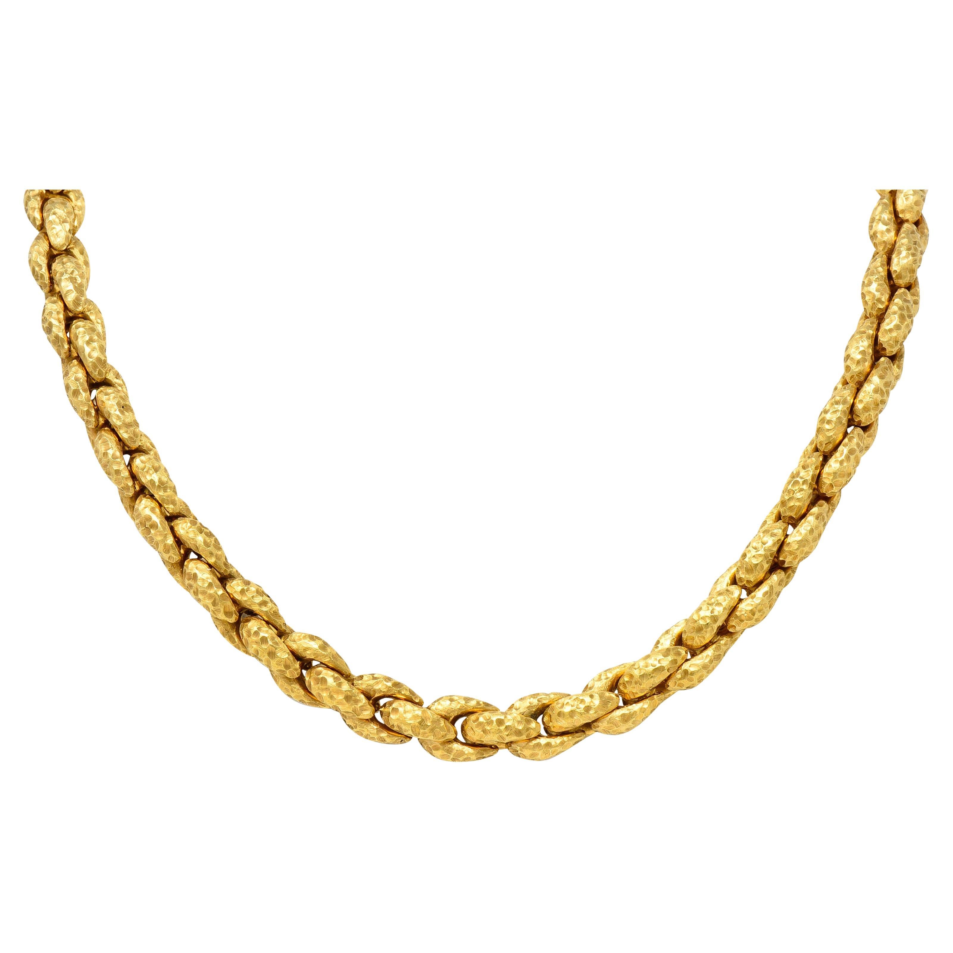 1980s Diamond 18 Karat Yellow Gold Hammered Cable Chain Vintage Necklace