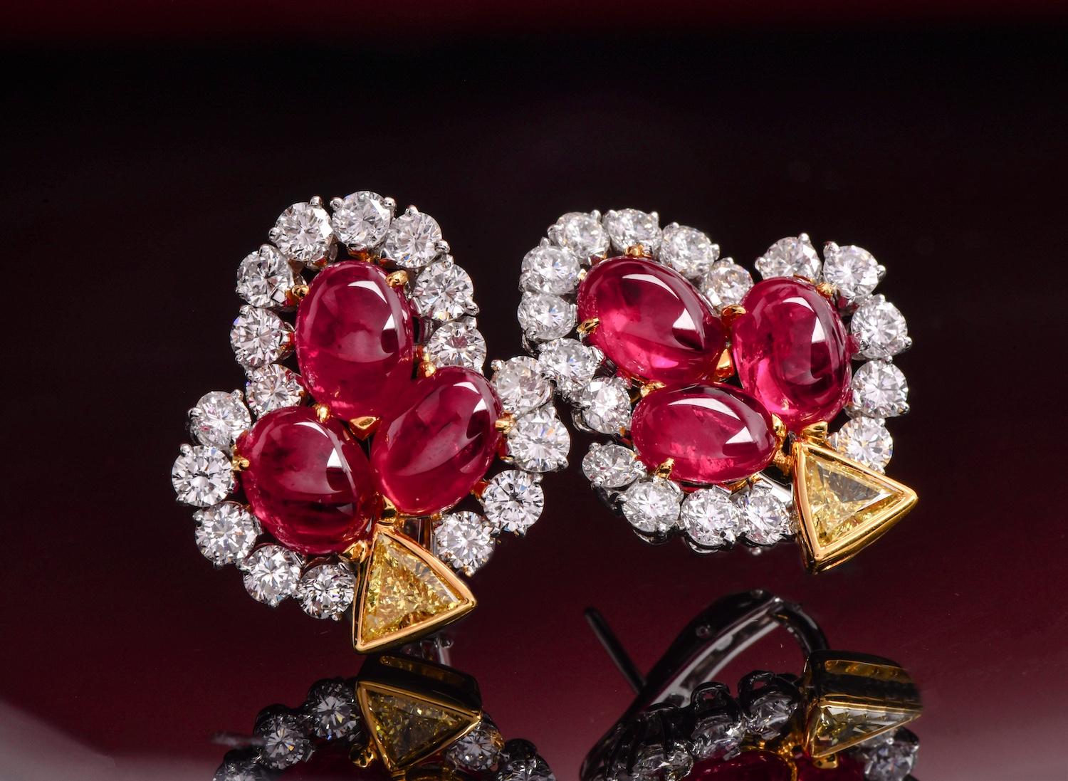 Pendientes de oro de 18 quilates con cabujón floral de diamantes de los años 80 18,86 quilates de rubí GIA Retro en venta