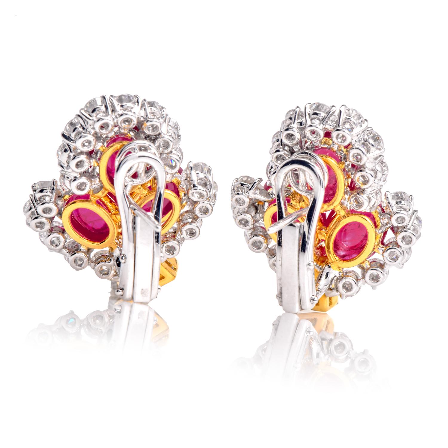 De las mujeres Pendientes de oro de 18 quilates con cabujón floral de diamantes de los años 80 18,86 quilates de rubí GIA en venta