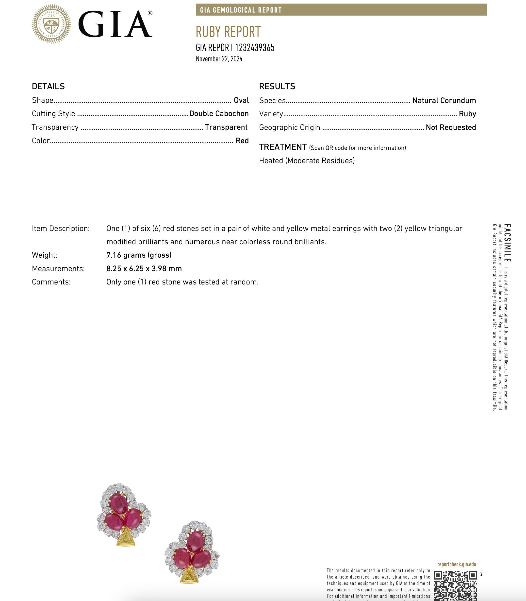 Pendientes de oro de 18 quilates con cabujón floral de diamantes de los años 80 18,86 quilates de rubí GIA Cabujón en venta