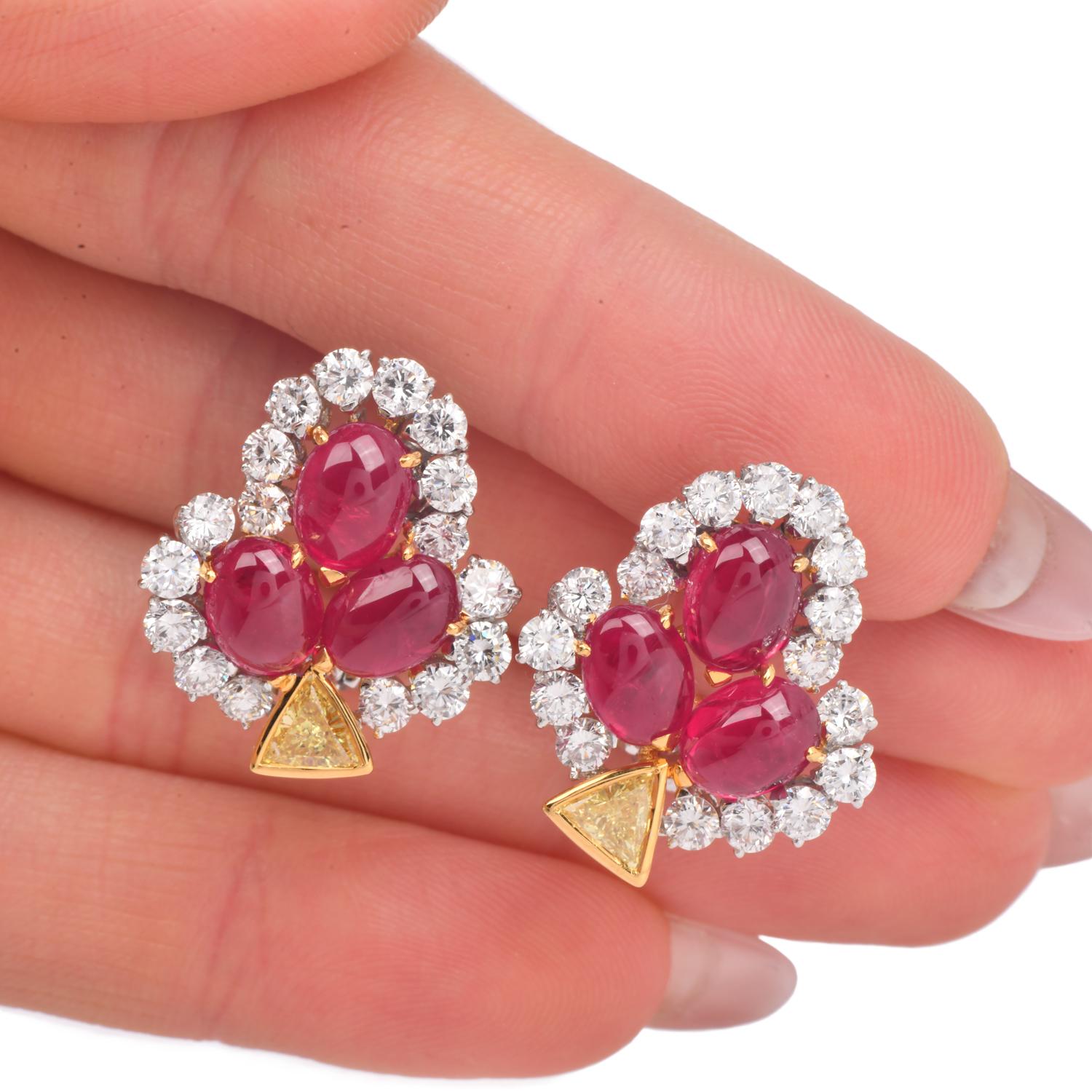 Pendientes de oro de 18 quilates con cabujón floral de diamantes de los años 80 18,86 quilates de rubí GIA en venta 1