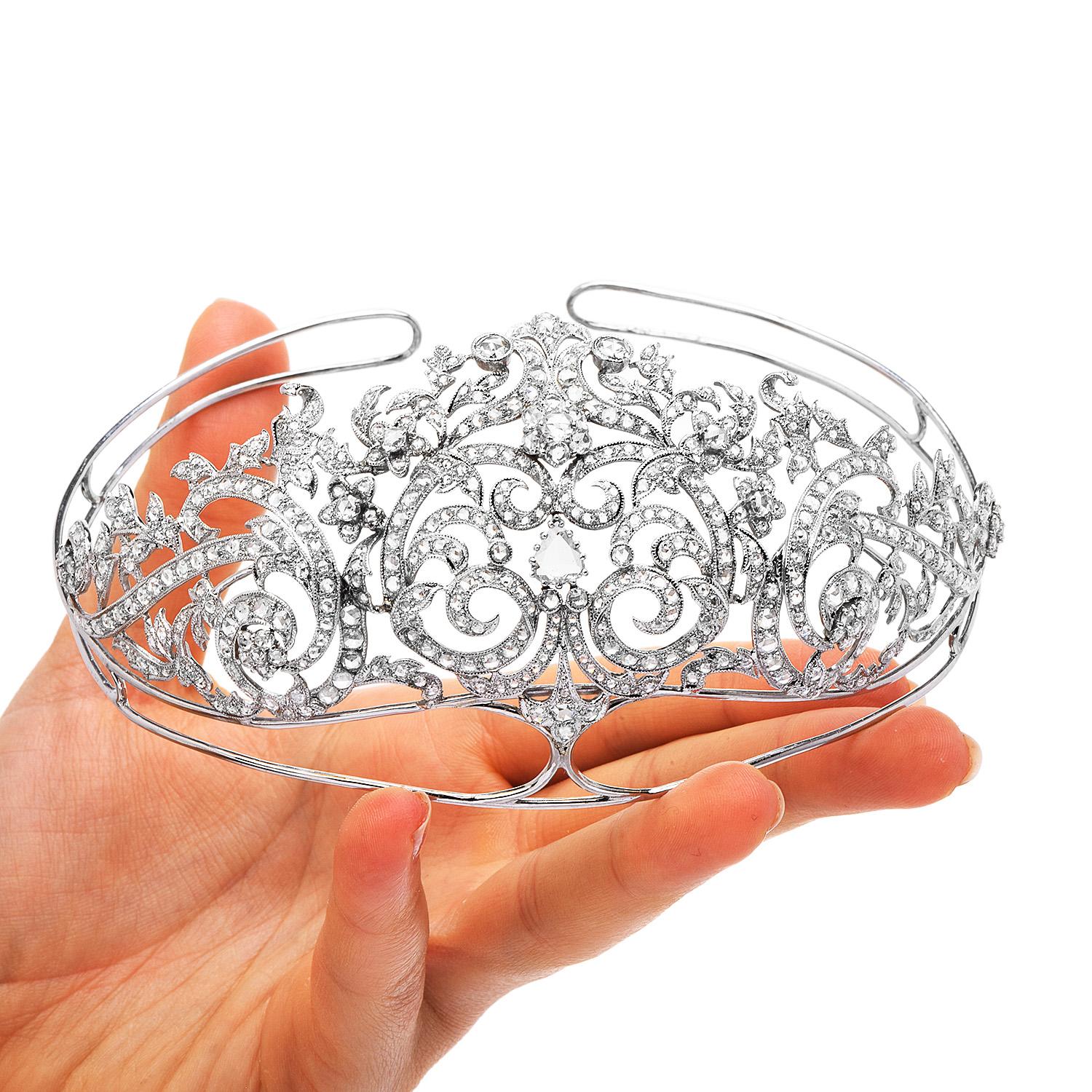 This vintage diamond tiara of captivating floral romantic design and immaculate craftsmanship is handcrafted in 18K white gold and weighs approx. 75.3 grams.

This alluring Victorian style is the perfect high bun hair ornament, designed as an
