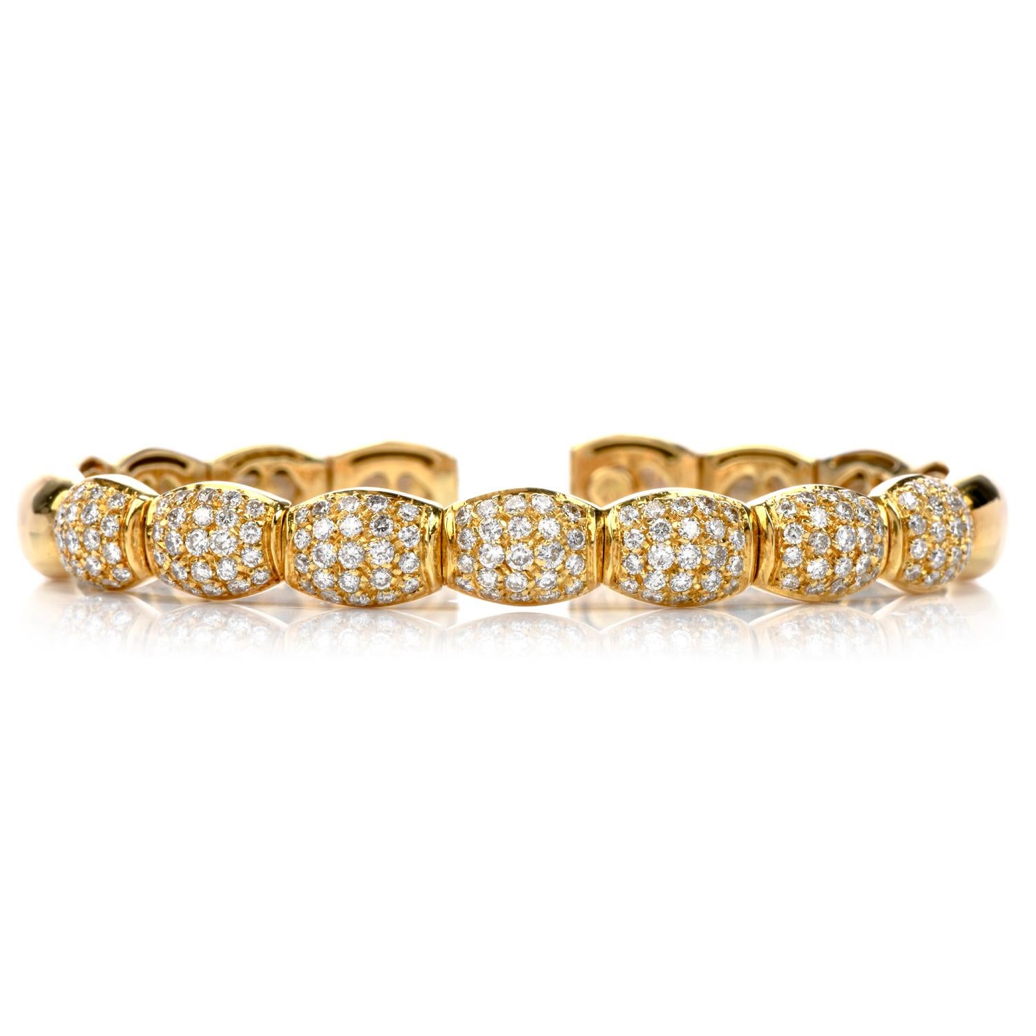 Add some dazzle to your daily outfits with this classic but unforgettable glimmering 18K Yellow Gold Cuff Bangle Bracelet!  The flexibility of this bracelet makes it easy to put on and off, and comfortable for everyday wear!  The beaming pave-set