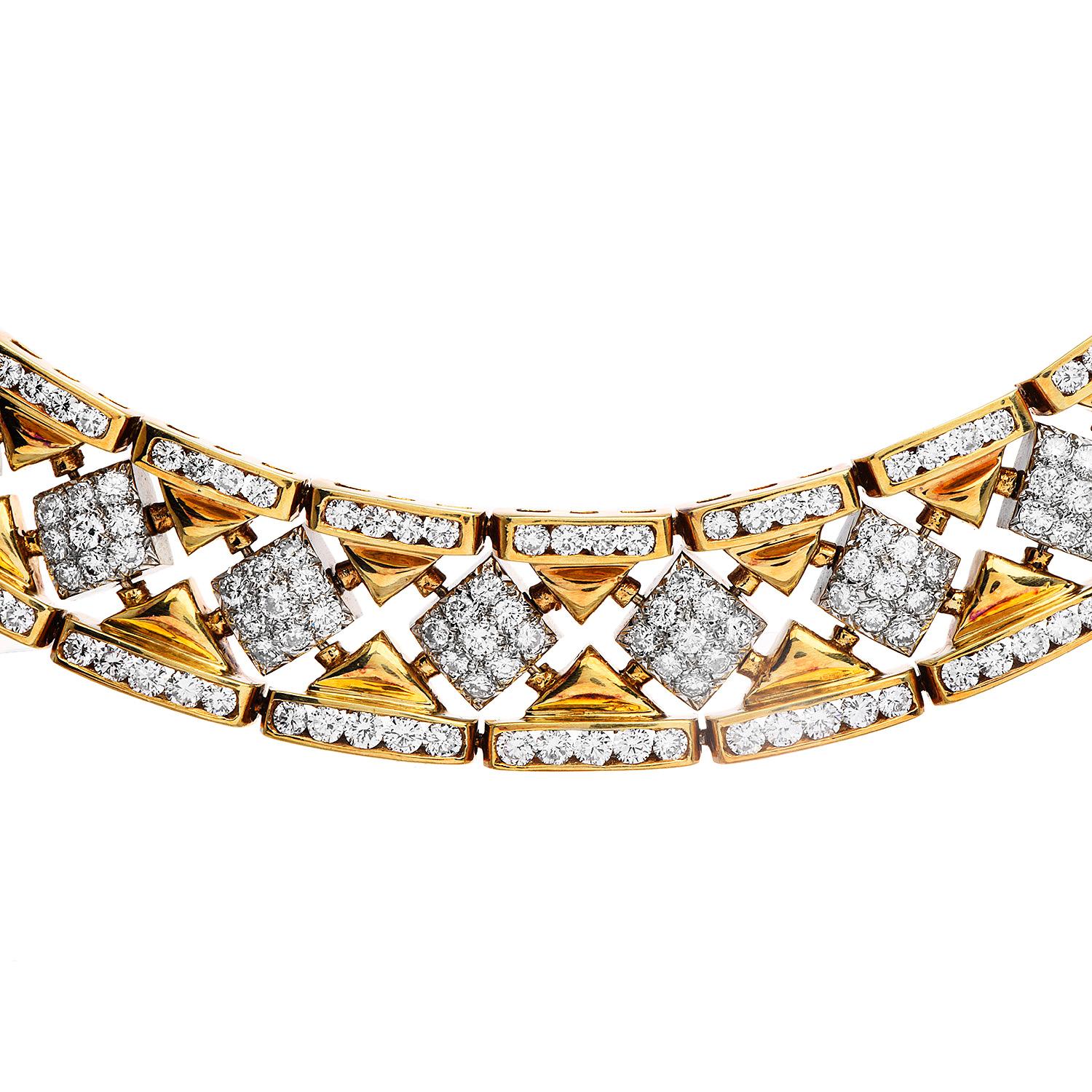 This stylish vintage 1980s  diamond choker necklace, will attract all the looks in the room, stand out from the crowd with this stunning piece.

Expertly is crafted in solid 18-karat yellow gold, adorned with diamonds and 18K White gold accents