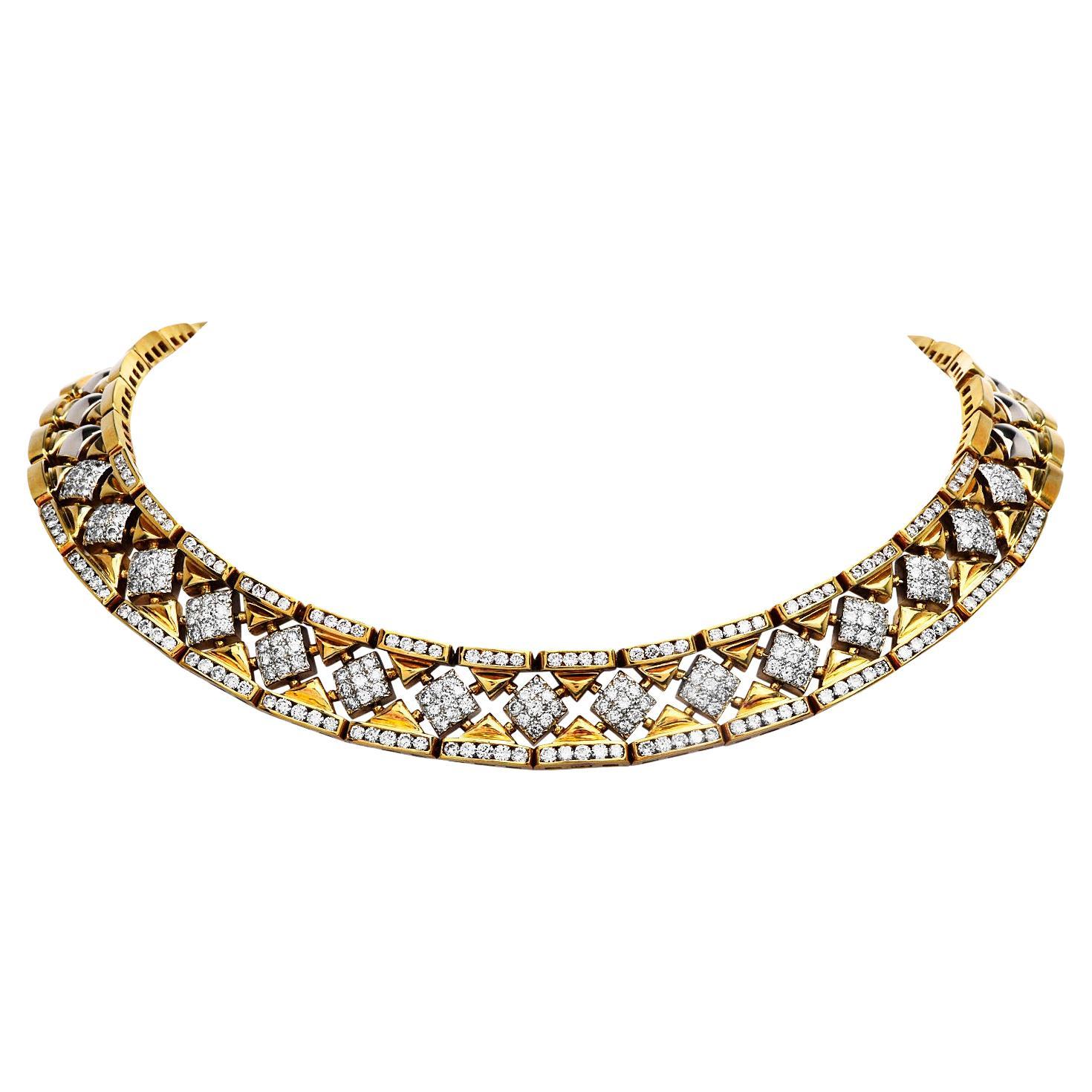 1980's Diamond 18K Yellow Gold Elegant Hourglass Link Choker Necklace