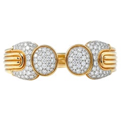 1980s Diamond 18K Yellow Gold Platinum Cluster Bypass Cuff Bracelet