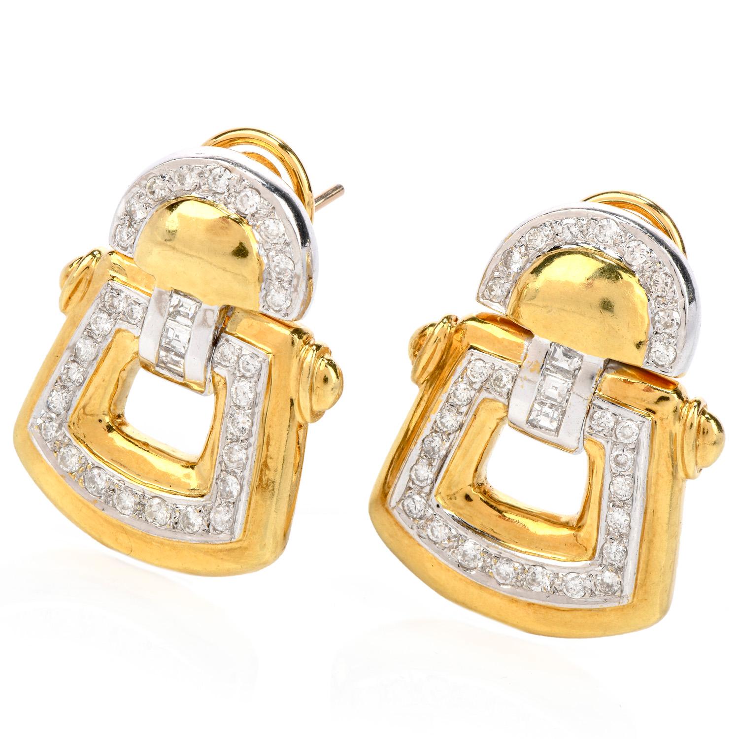 Decorate yourself with these stylish and trendy tribal design Estate 18K Yellow & White Gold Door Knocker Earrings!  These earrings hold 62 diamonds of round and asscher cut, totaling 1.50  carats, and with H-I color and VS clarity. They are set in
