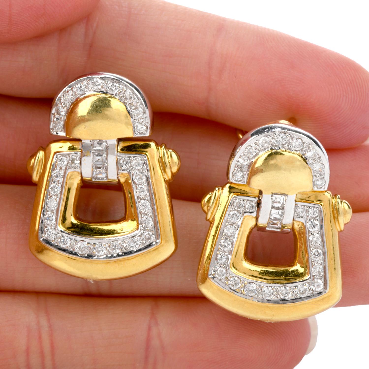 Modern 1980s Diamond 18 Karat Yellow and White Gold Door Knocker Earrings