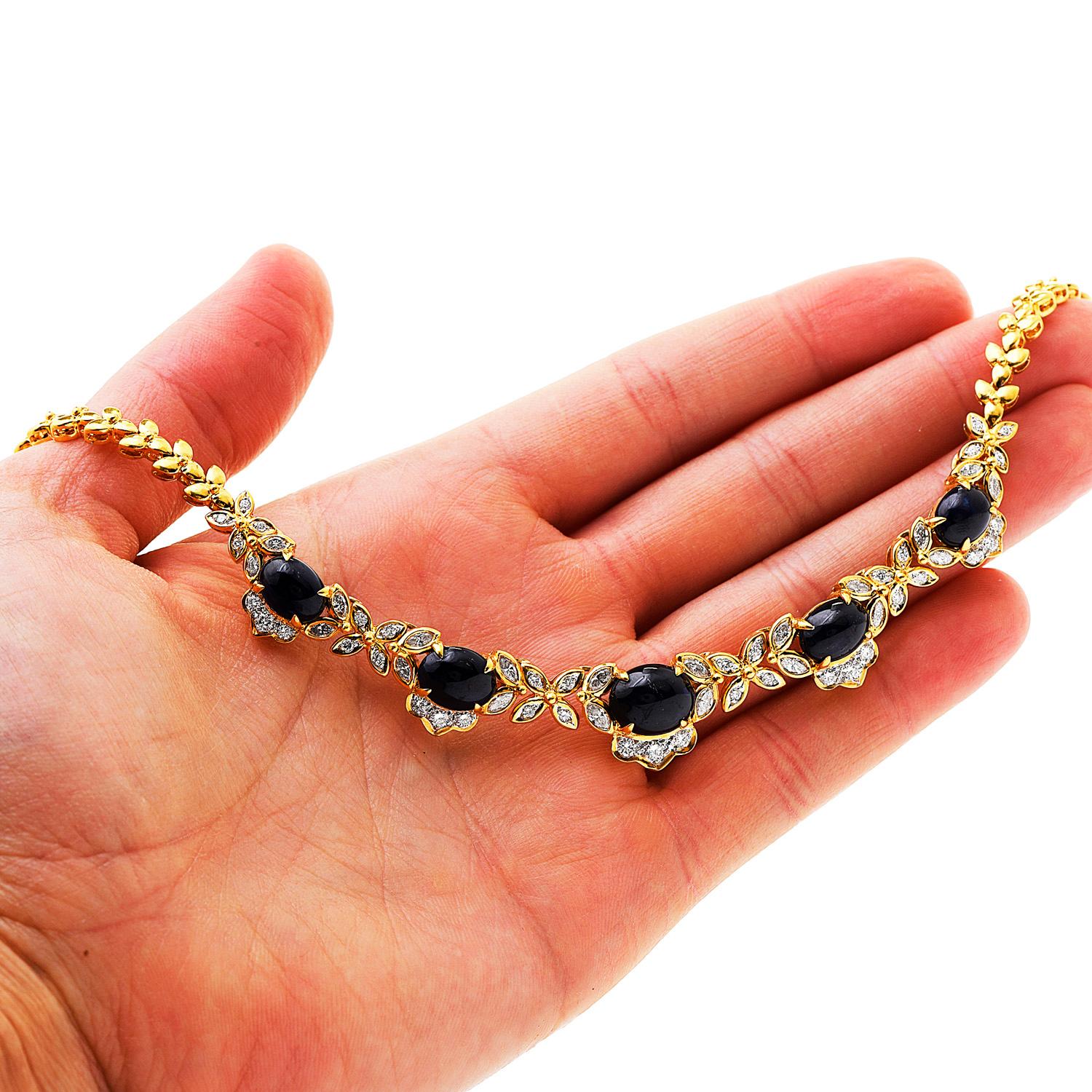 1980's Diamond 20.20cts Cabochon Sapphire 18K Gold Flower Link Necklace 4
