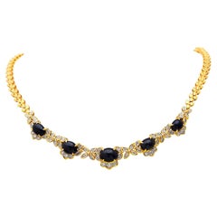 1980's Diamond 20.20cts Cabochon Sapphire 18K Gold Flower Link Necklace