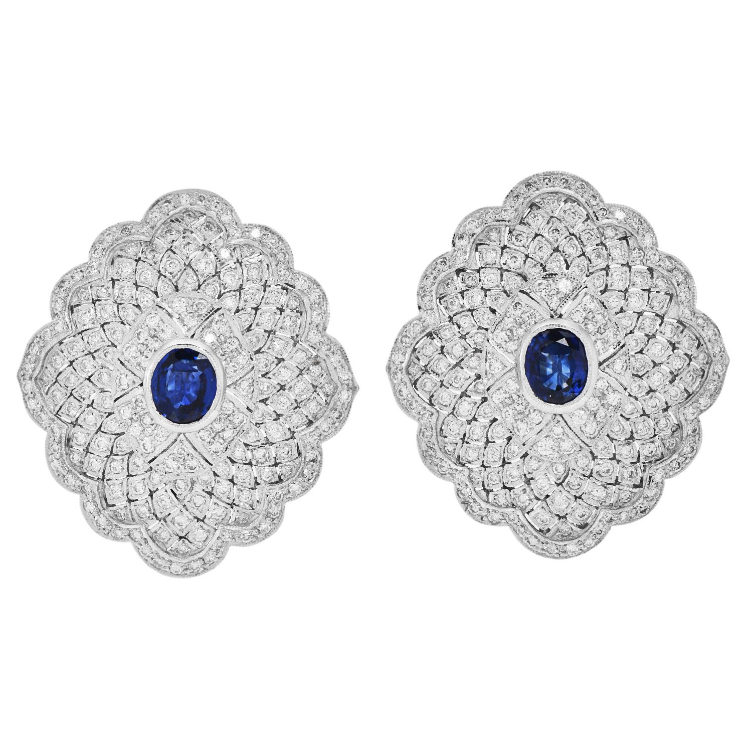Oval Cut 1980s Diamond 6.50cts Sapphire 18K Gold Large Floral Cocktail Earrings For Sale