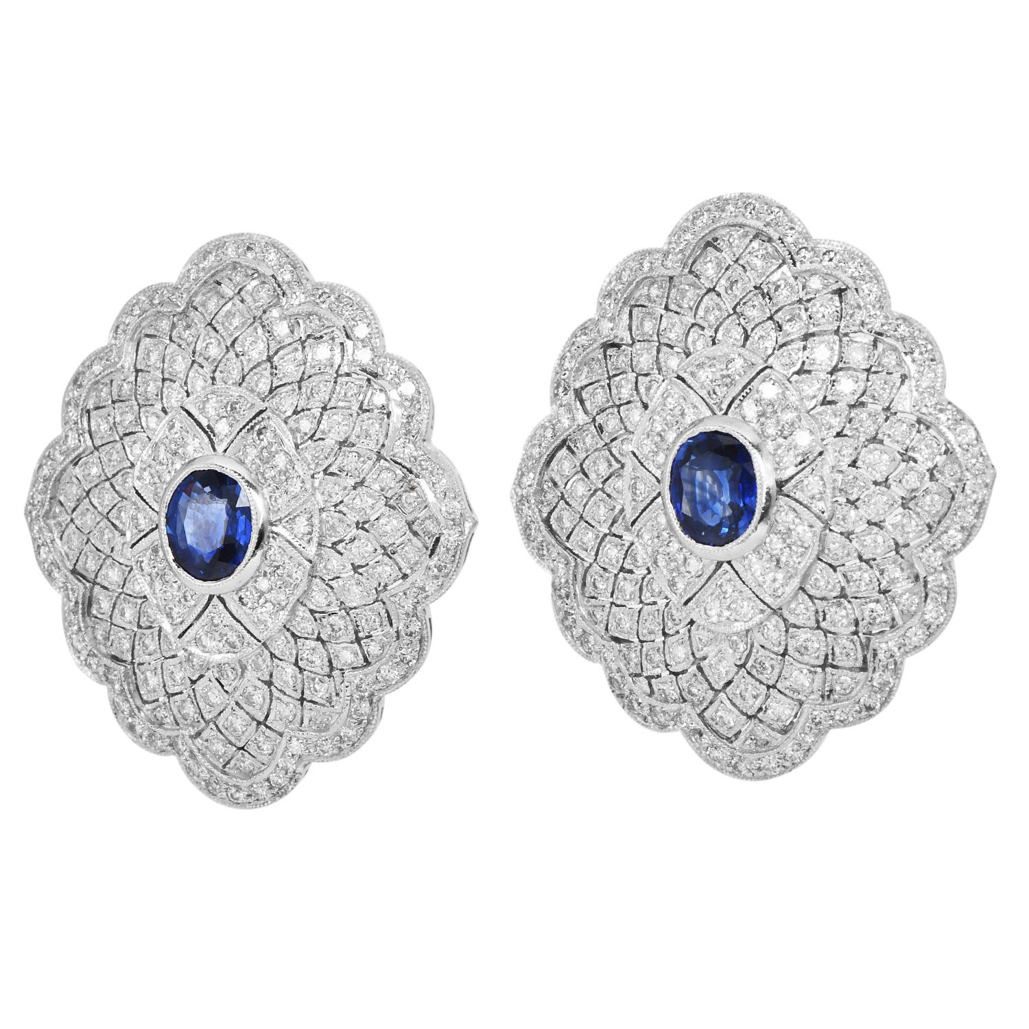 1980s Diamond 6.50cts Sapphire 18K Gold Large Floral Cocktail Earrings In Excellent Condition For Sale In Miami, FL