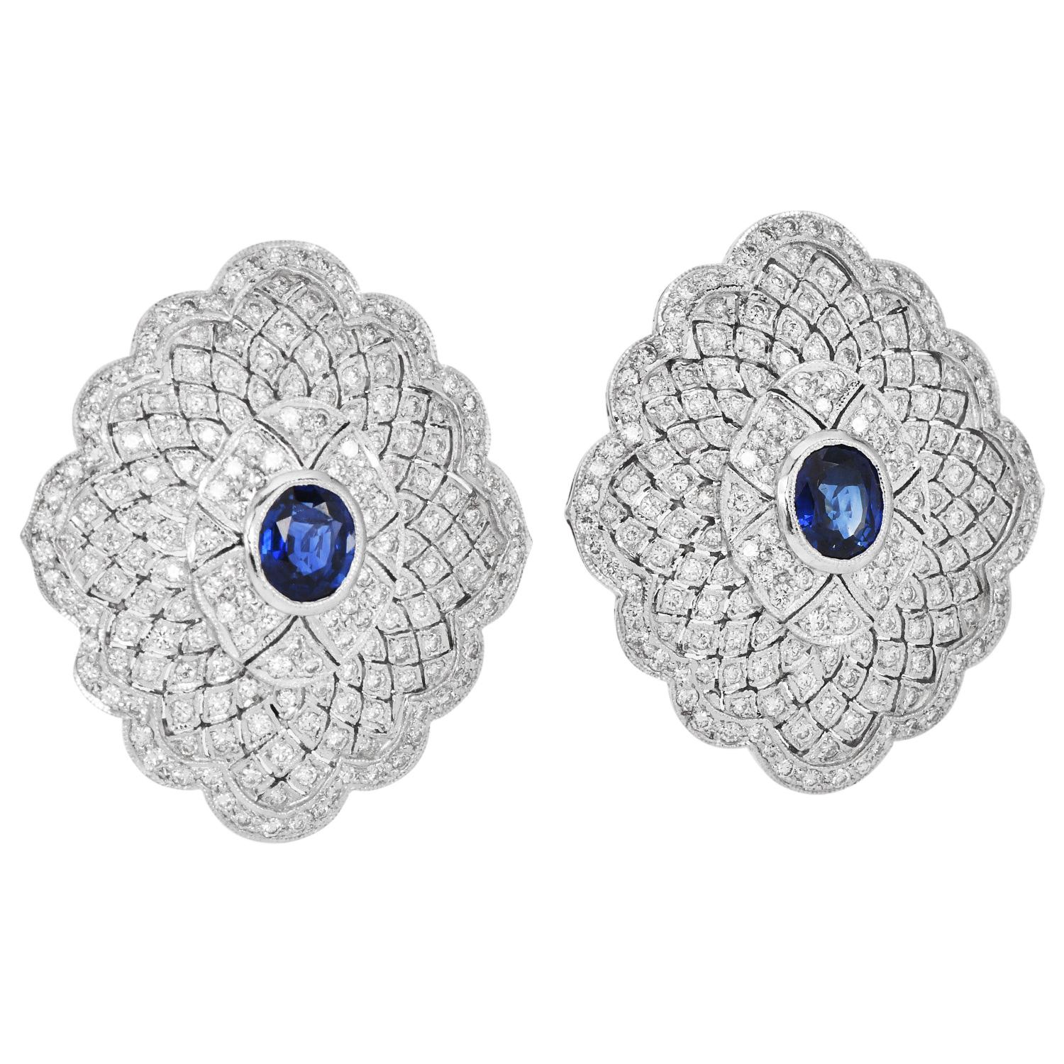 1980s Diamond 6.50cts Sapphire 18K Gold Large Floral Cocktail Earrings For Sale 1