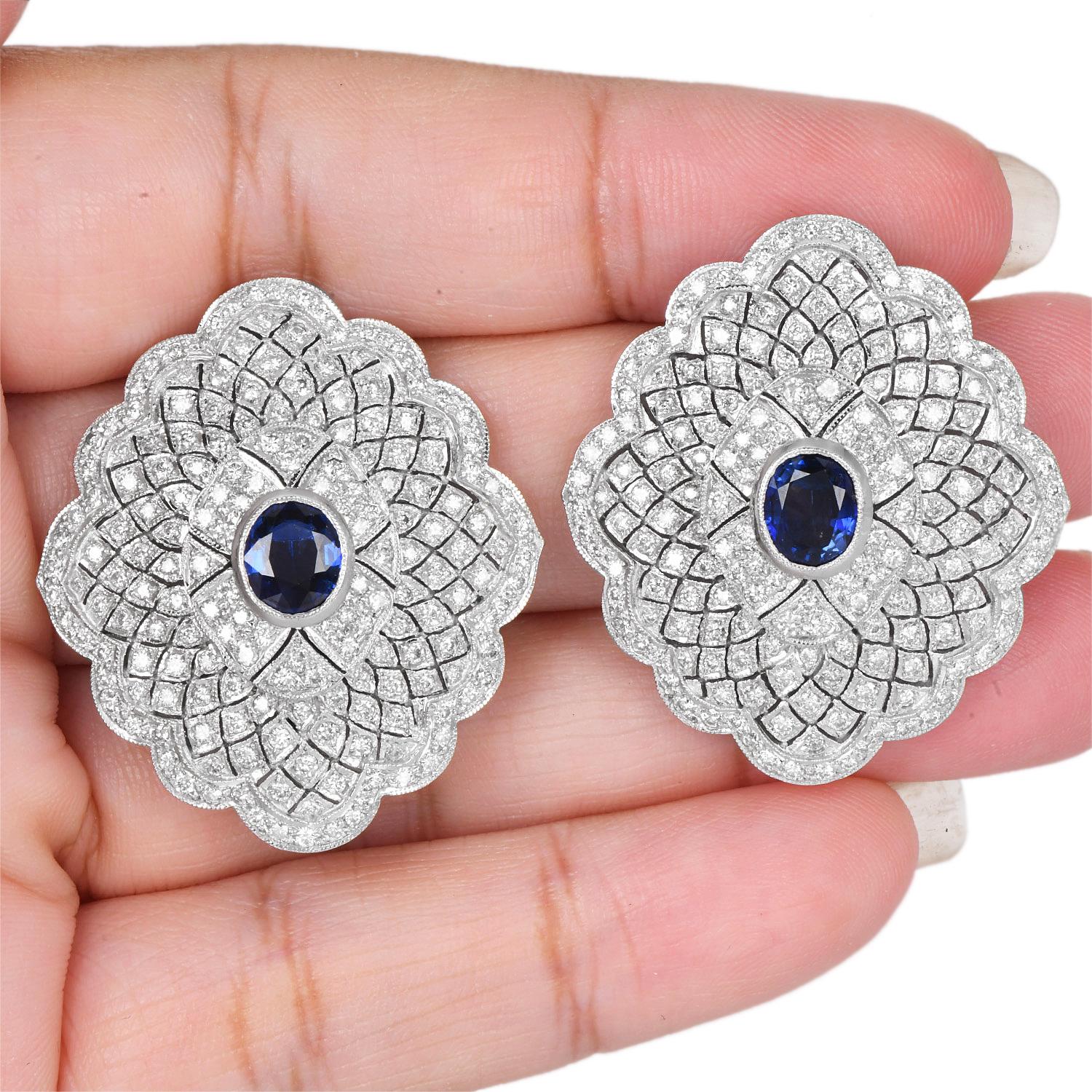 1980s Diamond 6.50cts Sapphire 18K Gold Large Floral Cocktail Earrings For Sale 2