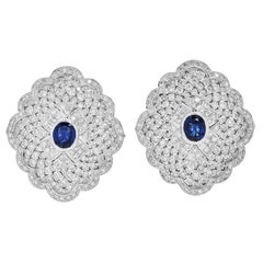 1980s Diamond 6.50cts Sapphire 18K Gold Large Floral Cocktail Earrings