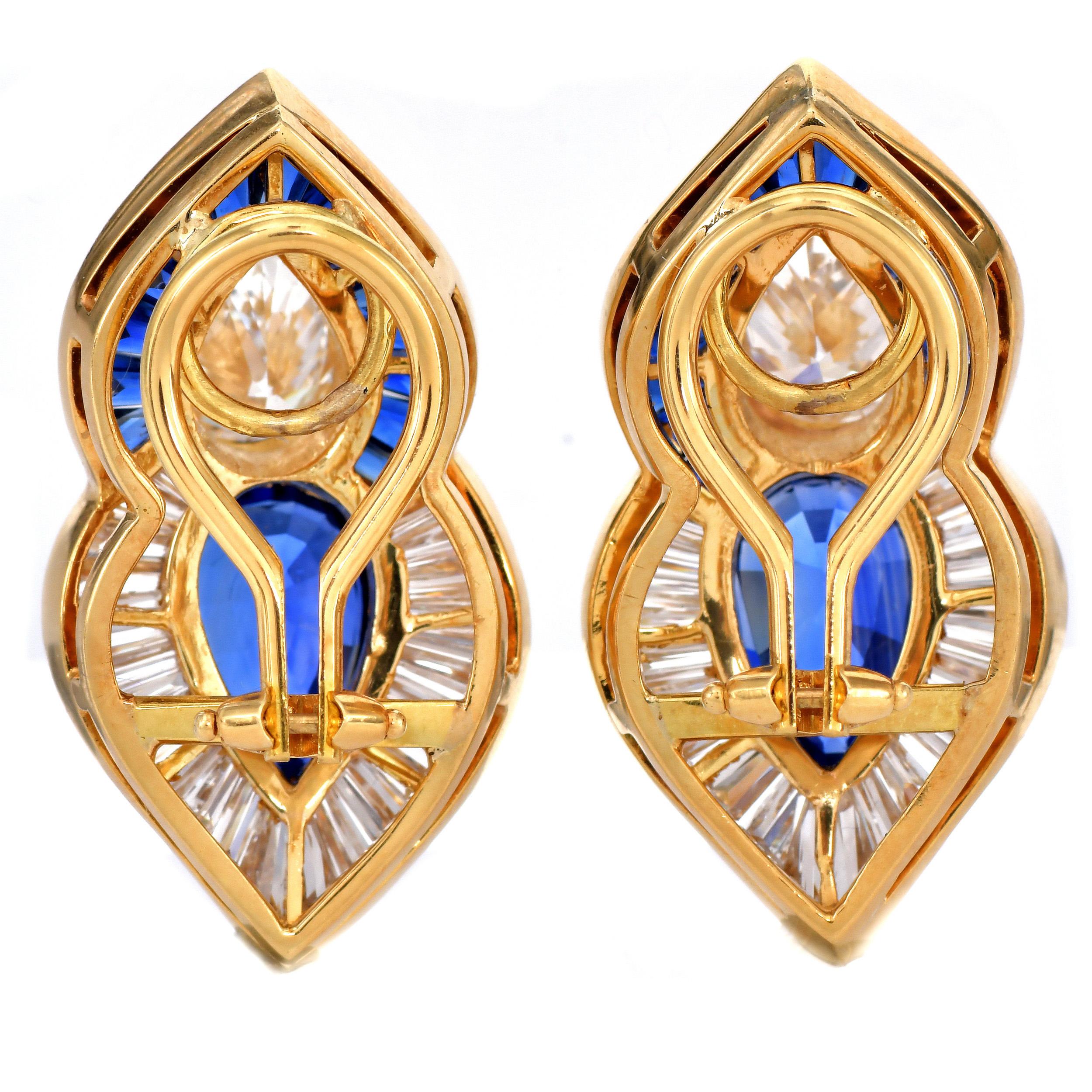 1980s  Diamant 13.03cttw Saphir  Boucles d'oreilles à pince en or jaune 18K Excellent état - En vente à Miami, FL