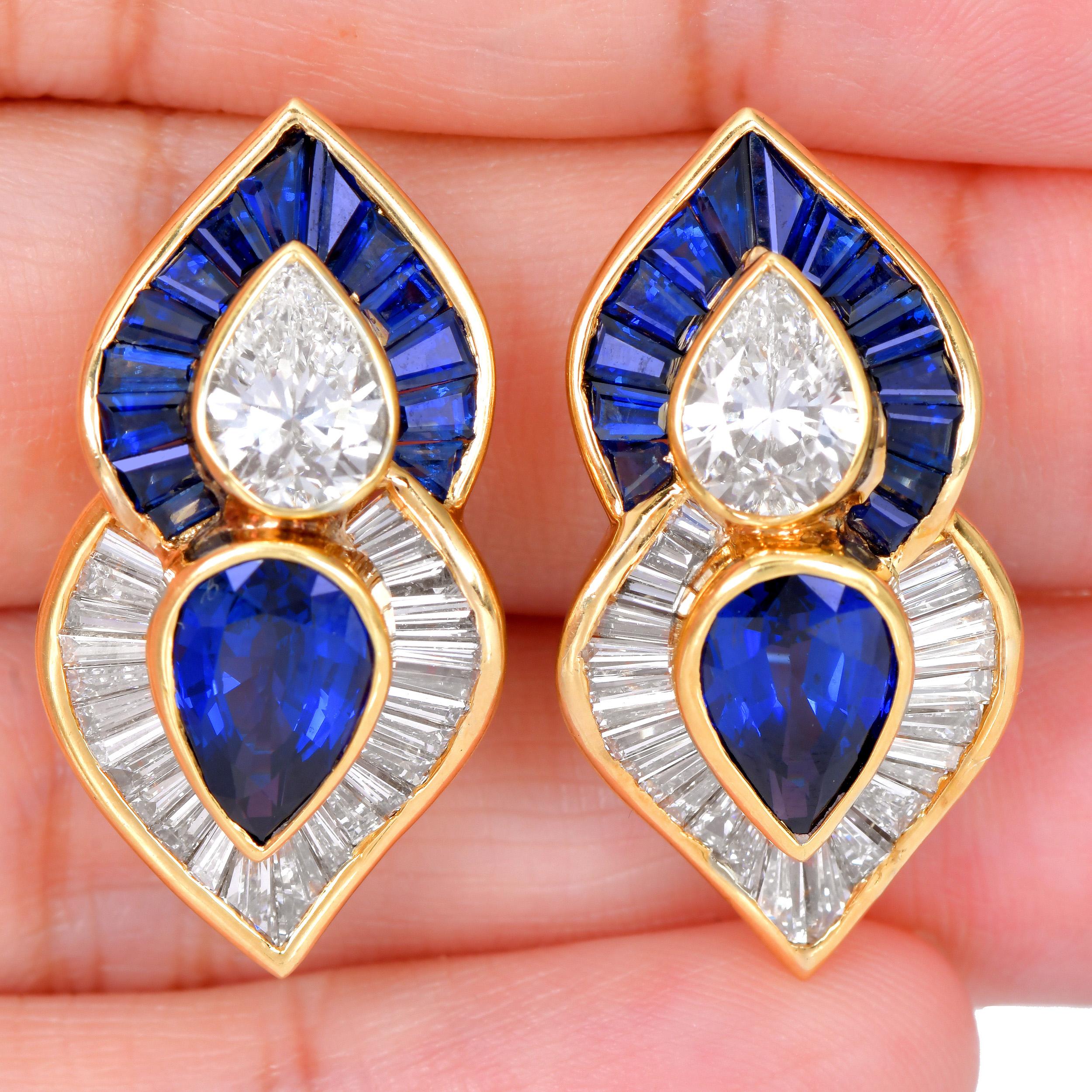 1980s  Diamant 13.03cttw Saphir  Boucles d'oreilles à pince en or jaune 18K Pour femmes en vente