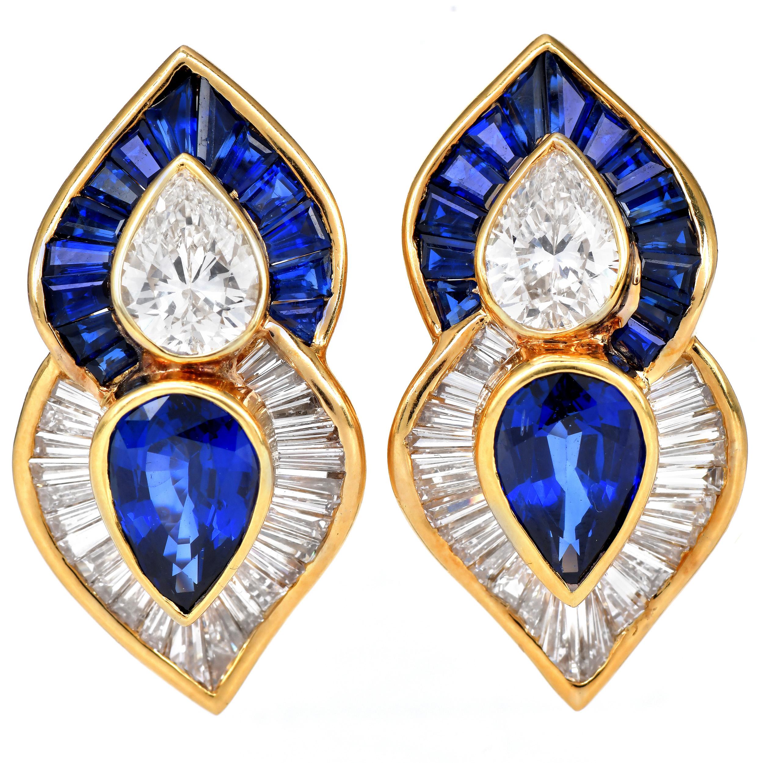 1980s  Diamant 13.03cttw Saphir  Boucles d'oreilles à pince en or jaune 18K en vente 1