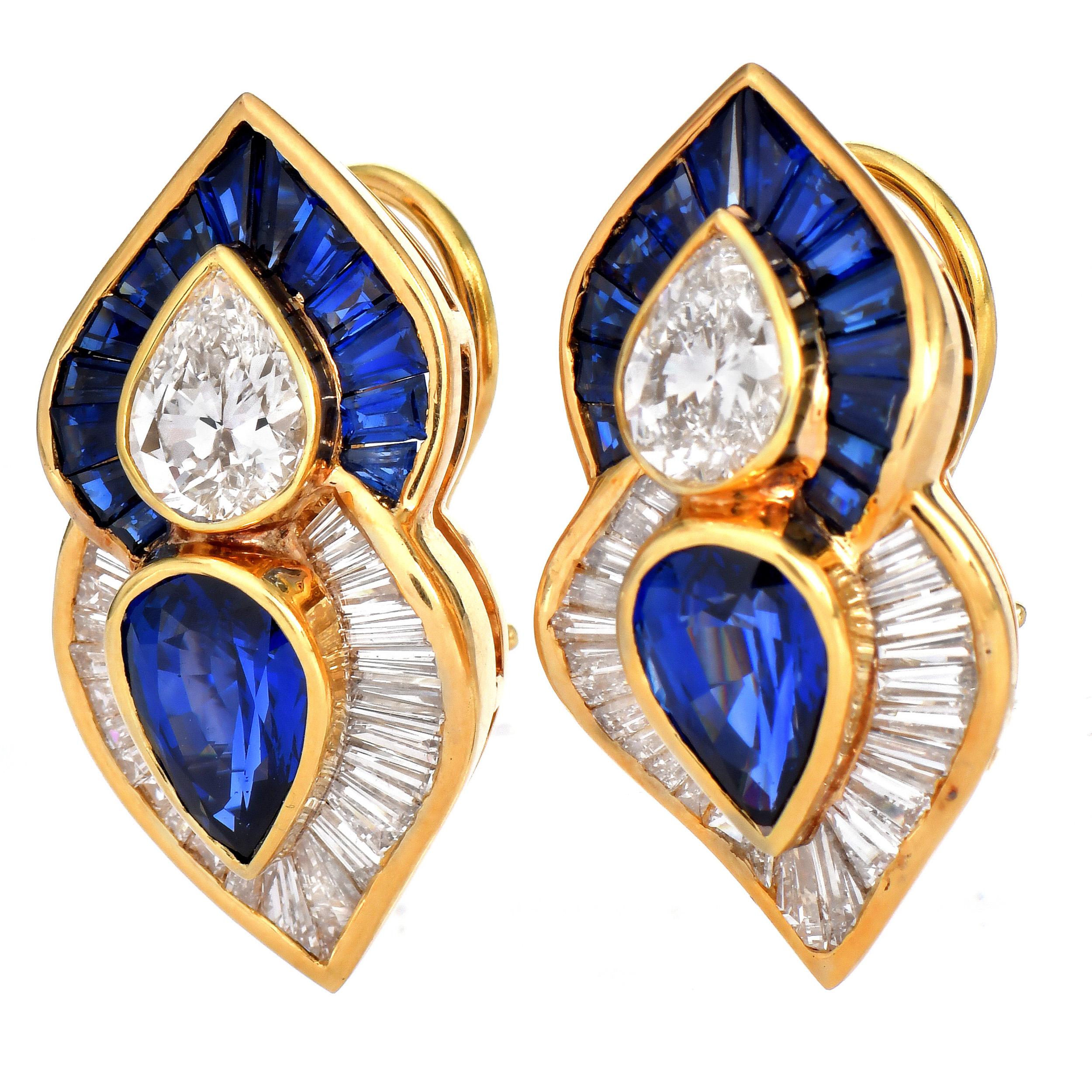 1980s  Diamant 13.03cttw Saphir  Boucles d'oreilles à pince en or jaune 18K en vente 3