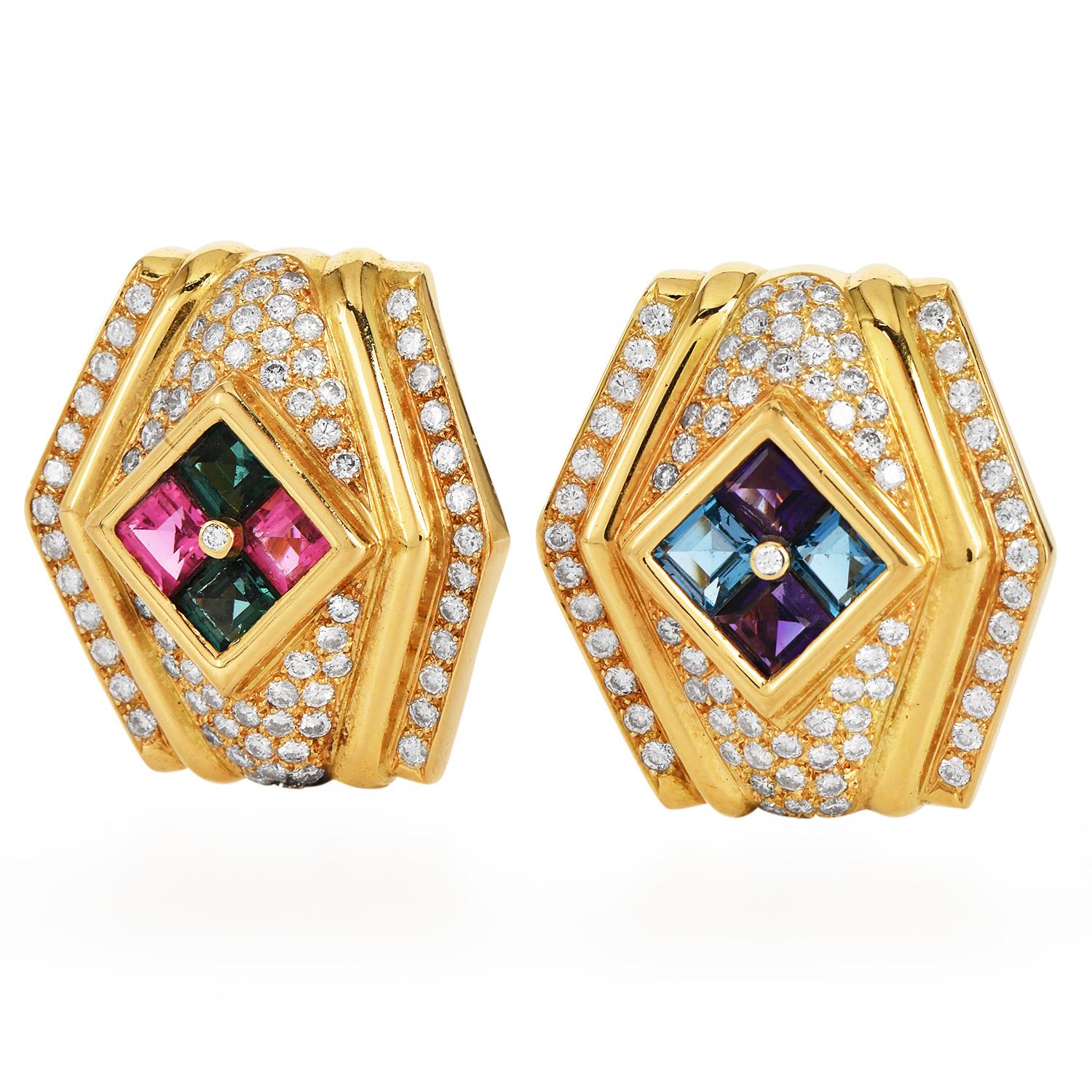  These lovely, large 1980s Estate earrings are made in 18k yellow gold. Centered with a pair of Asscher-cut purple amethyst and blue topaz, and a pair of pink and green tourmaline weighing approx. 8.00 carats in total.

An array of full-cut round