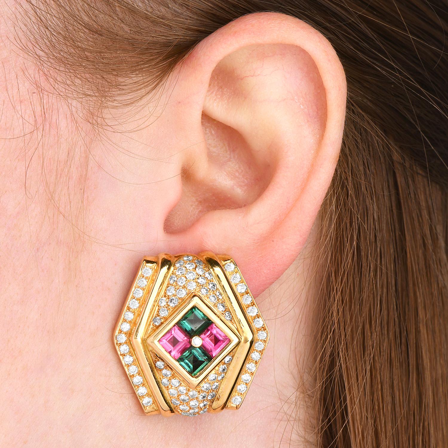 Asscher Cut 1980s Diamond Amethyst Tourmaline Topaz 18k Gold Clip-On Earrings For Sale