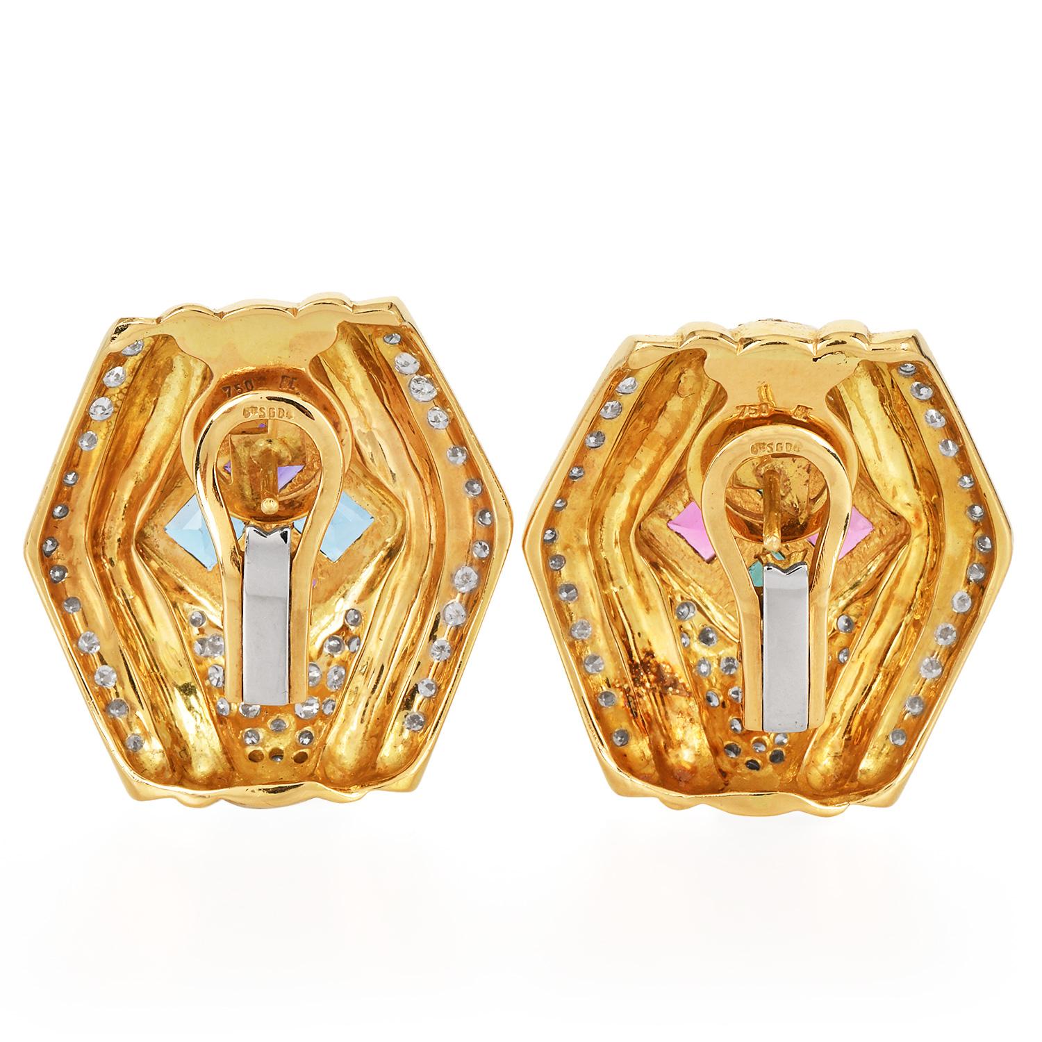 1980er Jahre Diamant Amethyst Turmalin Topas 18k Gold Clip-On Ohrringe im Zustand „Hervorragend“ im Angebot in Miami, FL