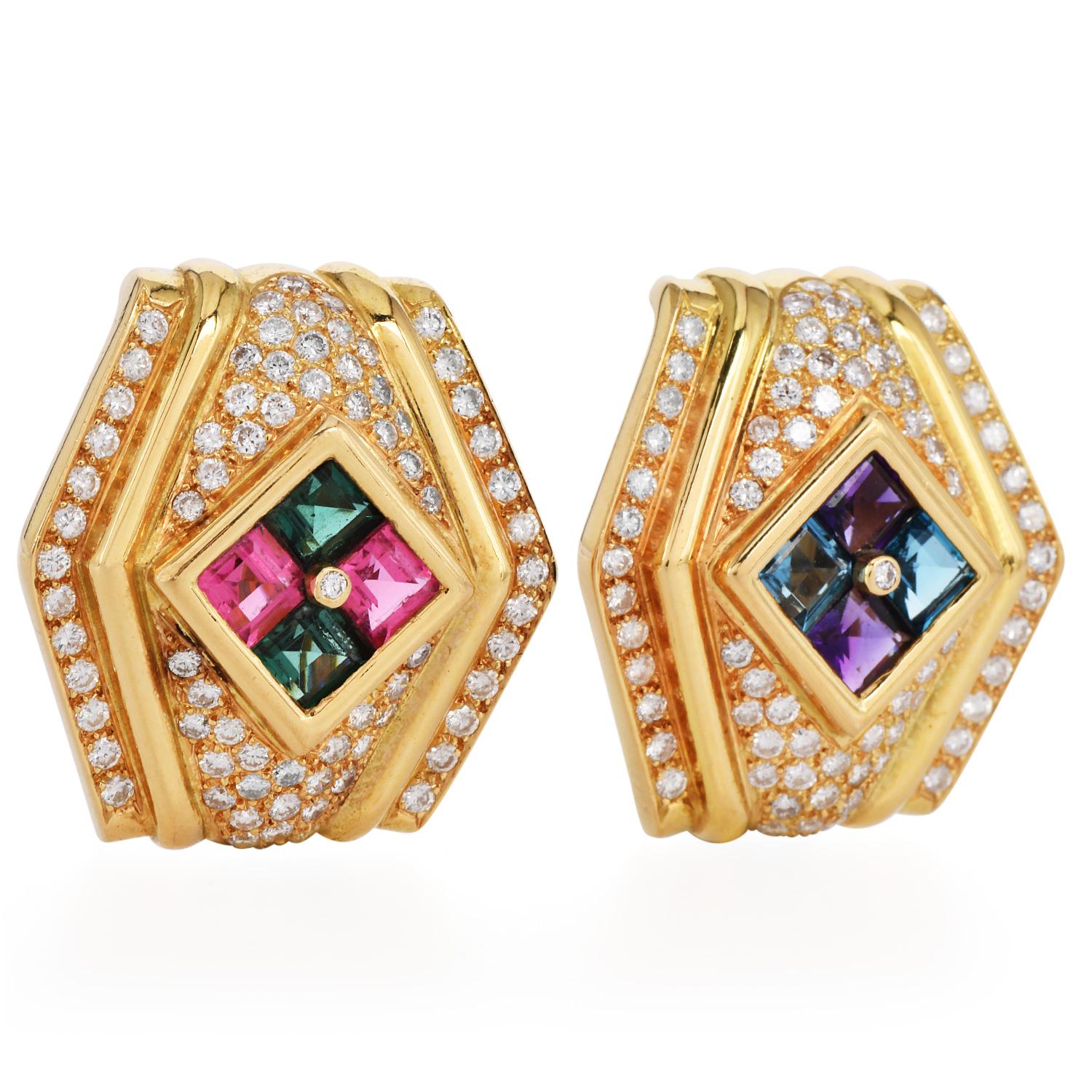 1980er Jahre Diamant Amethyst Turmalin Topas 18k Gold Clip-On Ohrringe Damen im Angebot