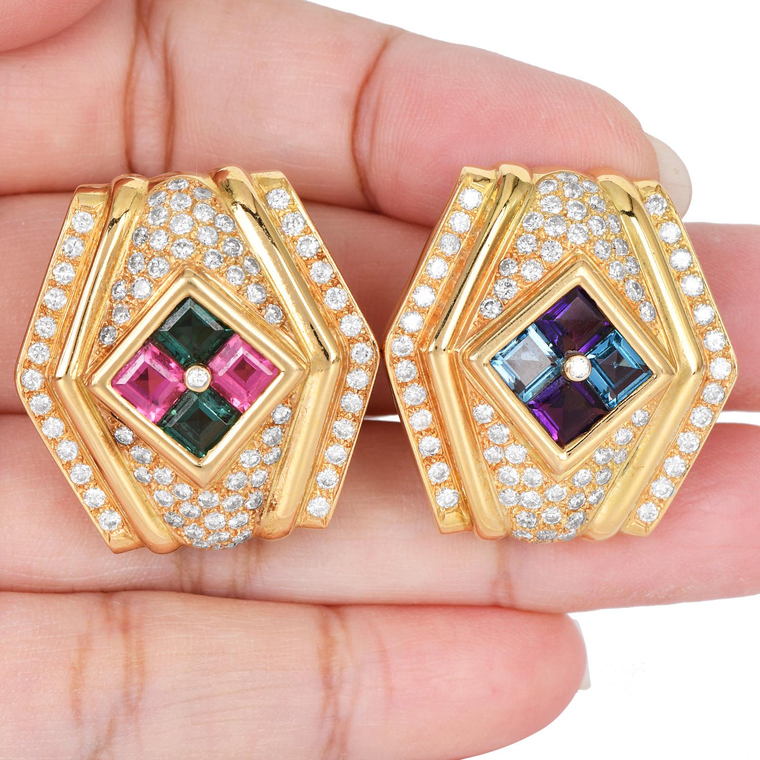 1980er Jahre Diamant Amethyst Turmalin Topas 18k Gold Clip-On Ohrringe im Angebot 1