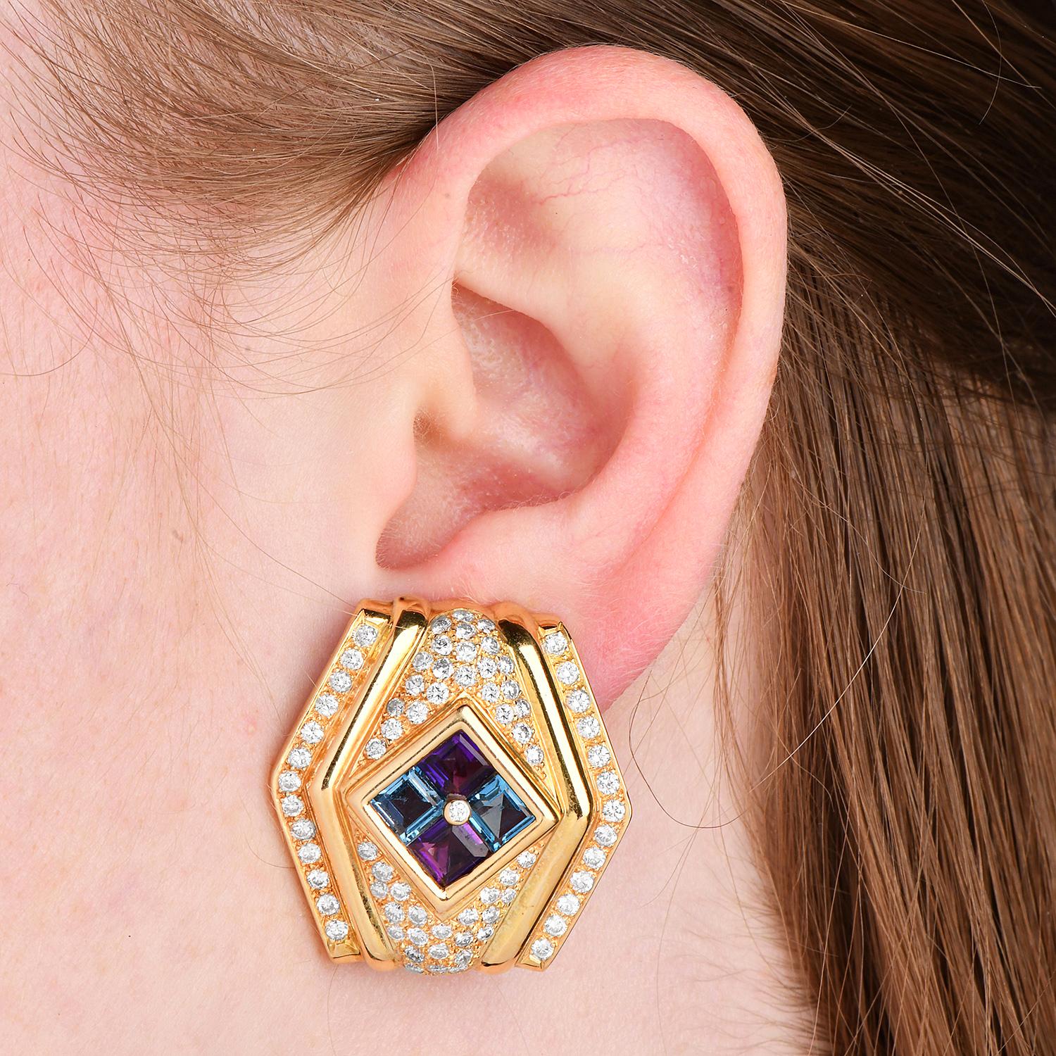 1980s Diamond Amethyst Tourmaline Topaz 18k Gold Clip-On Earrings For Sale 2