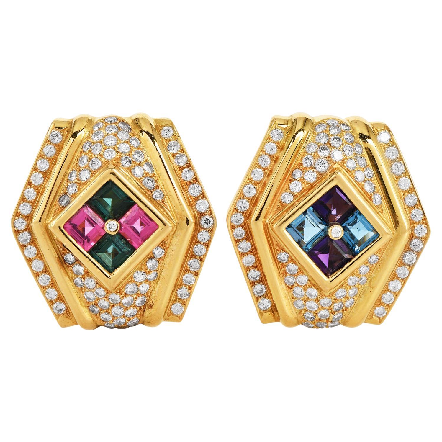 1980s Diamond Amethyst Tourmaline Topaz 18k Gold Clip-On Earrings For Sale