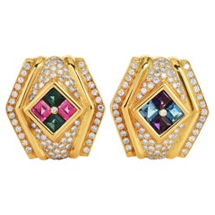 Retro 1980s Diamond Amethyst Tourmaline Topaz 18k Gold Clip-On Earrings