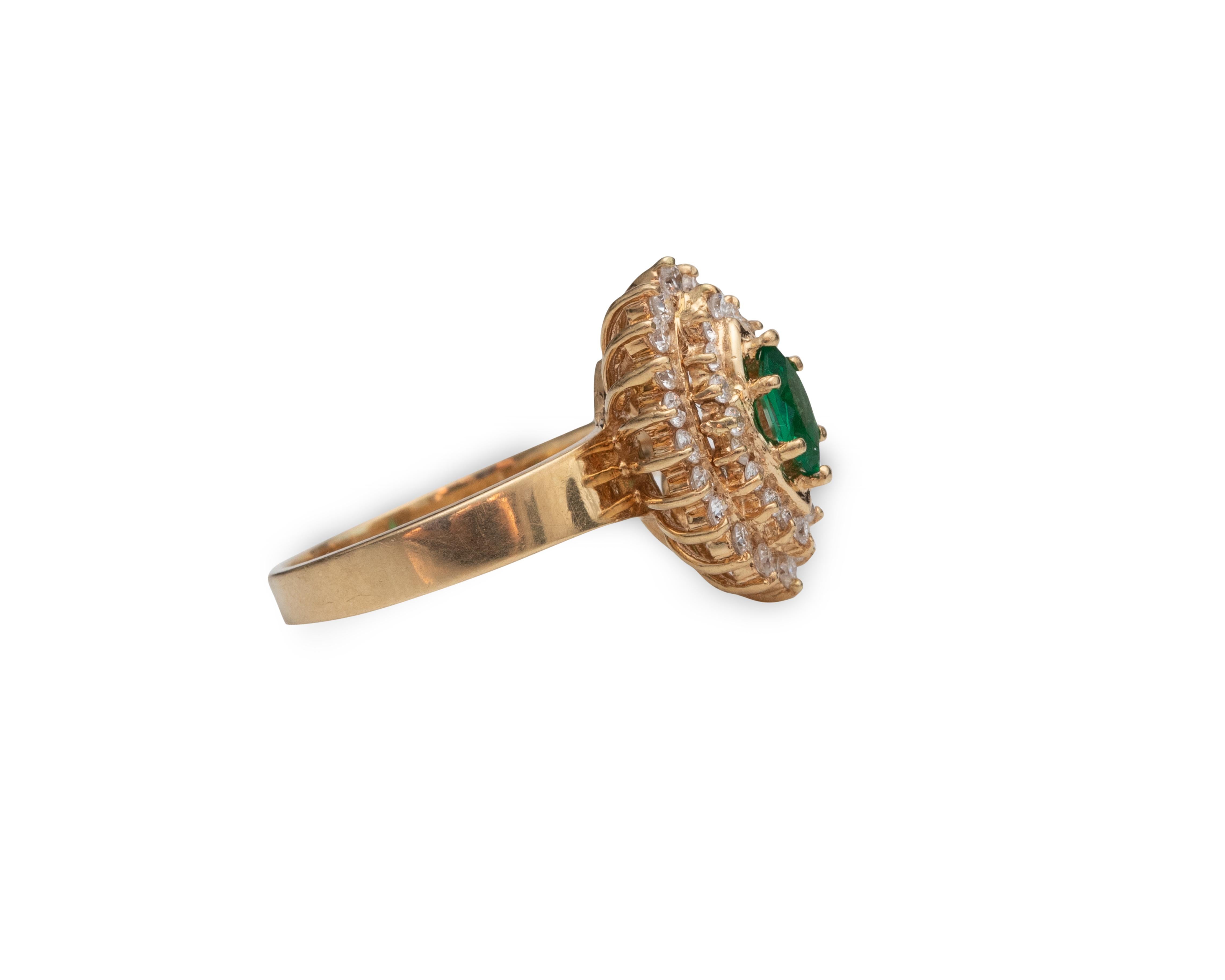 1980s Diamond and Emerald 18 Karat Yellow Gold Ring In Excellent Condition For Sale In Atlanta, GA