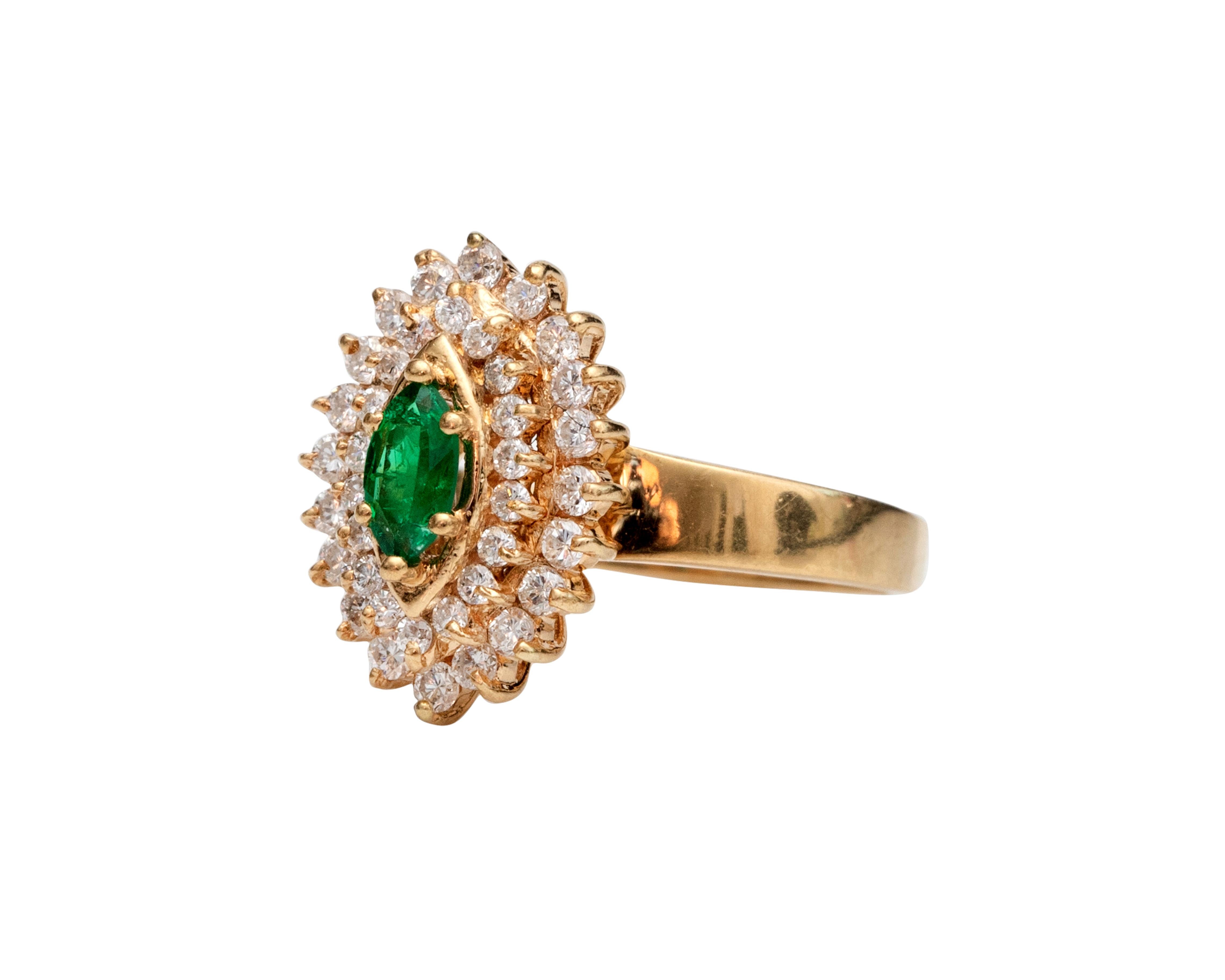 1980s Diamond and Emerald 18 Karat Yellow Gold Ring 1