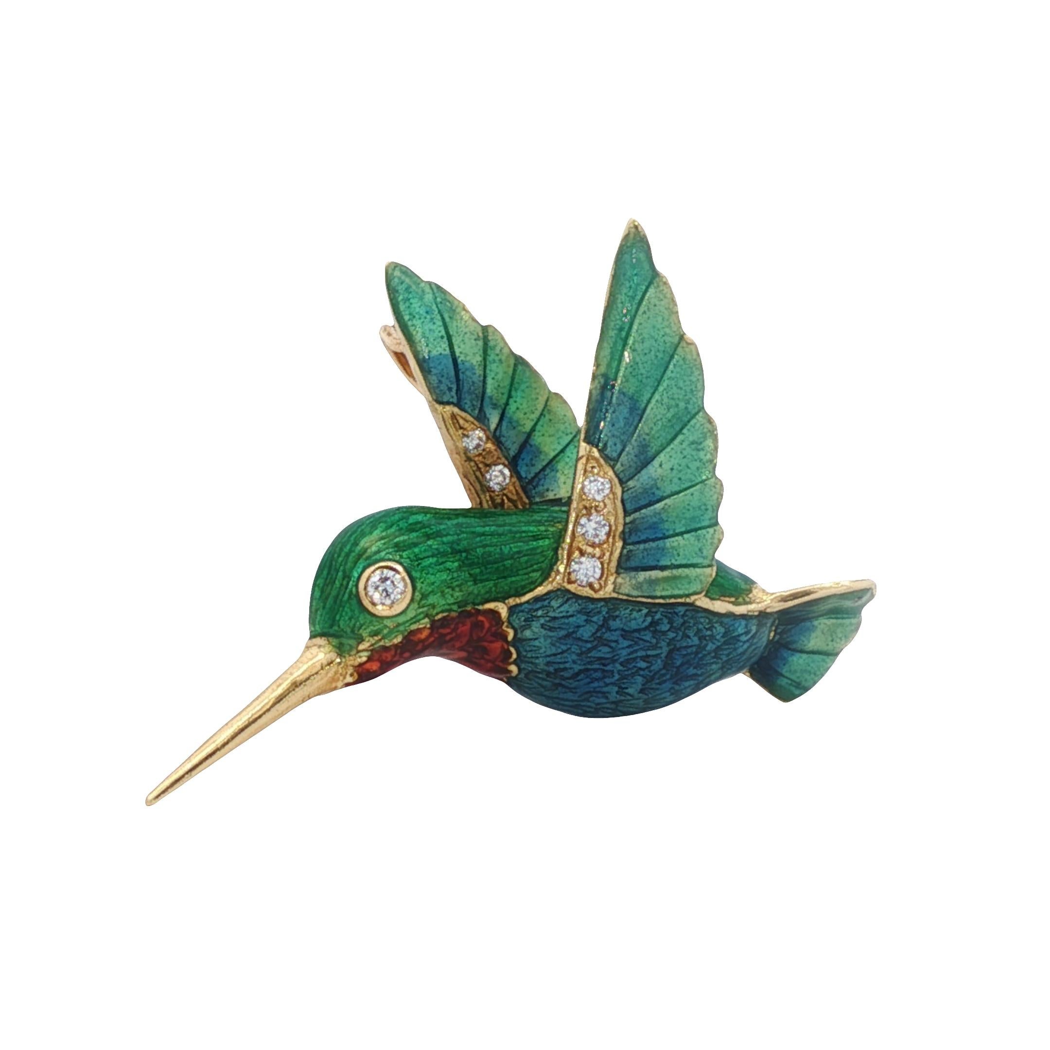 Moderno Ciondolo colibrì in oro giallo 18 carati con diamanti e smalto del 1980 in vendita