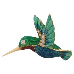 Pendentif oiseau coquillage en or jaune 18 carats, diamants et émail, années 1980