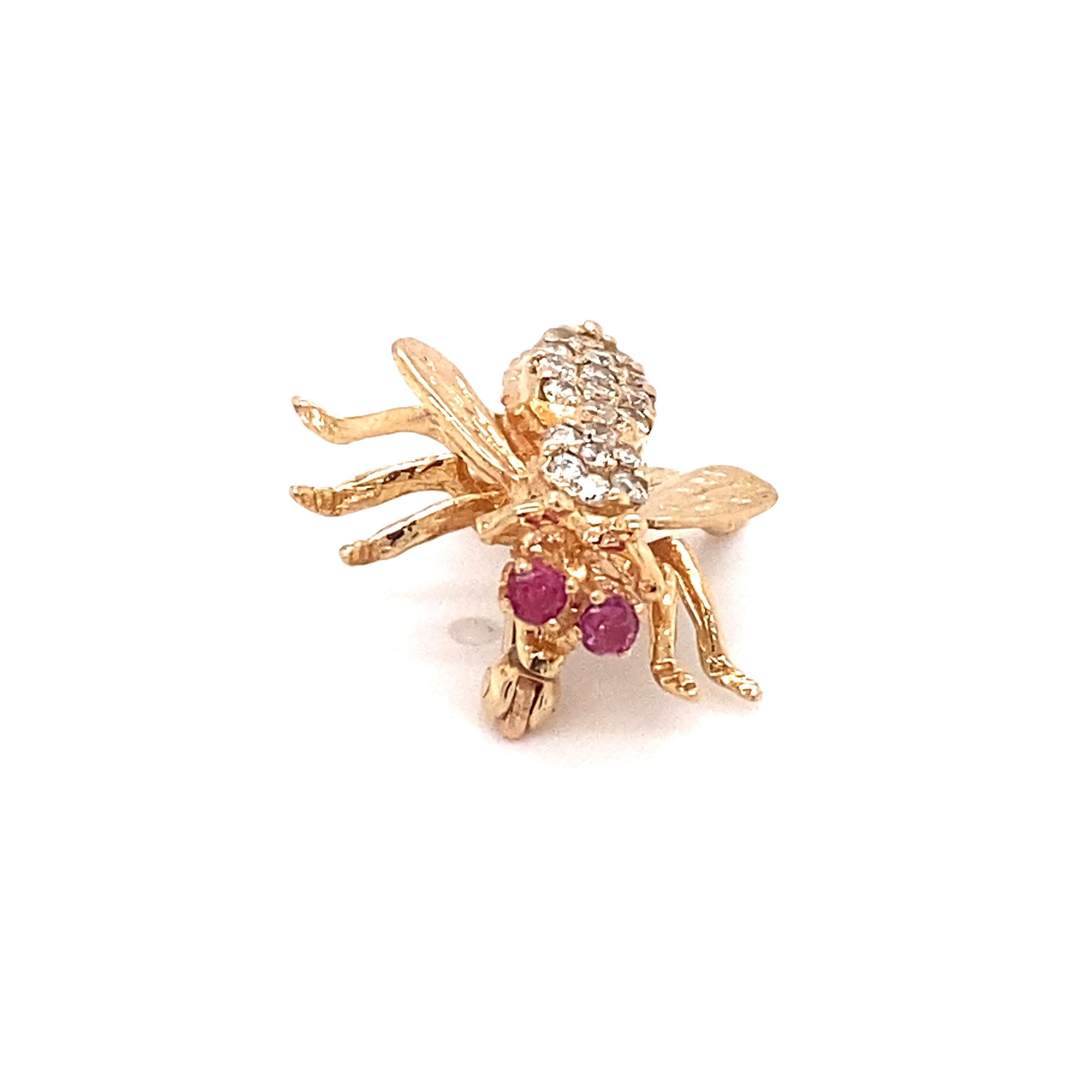 Modern 1980s Diamond Bee Pin with Ruby Eyes in 14 Karat Gold