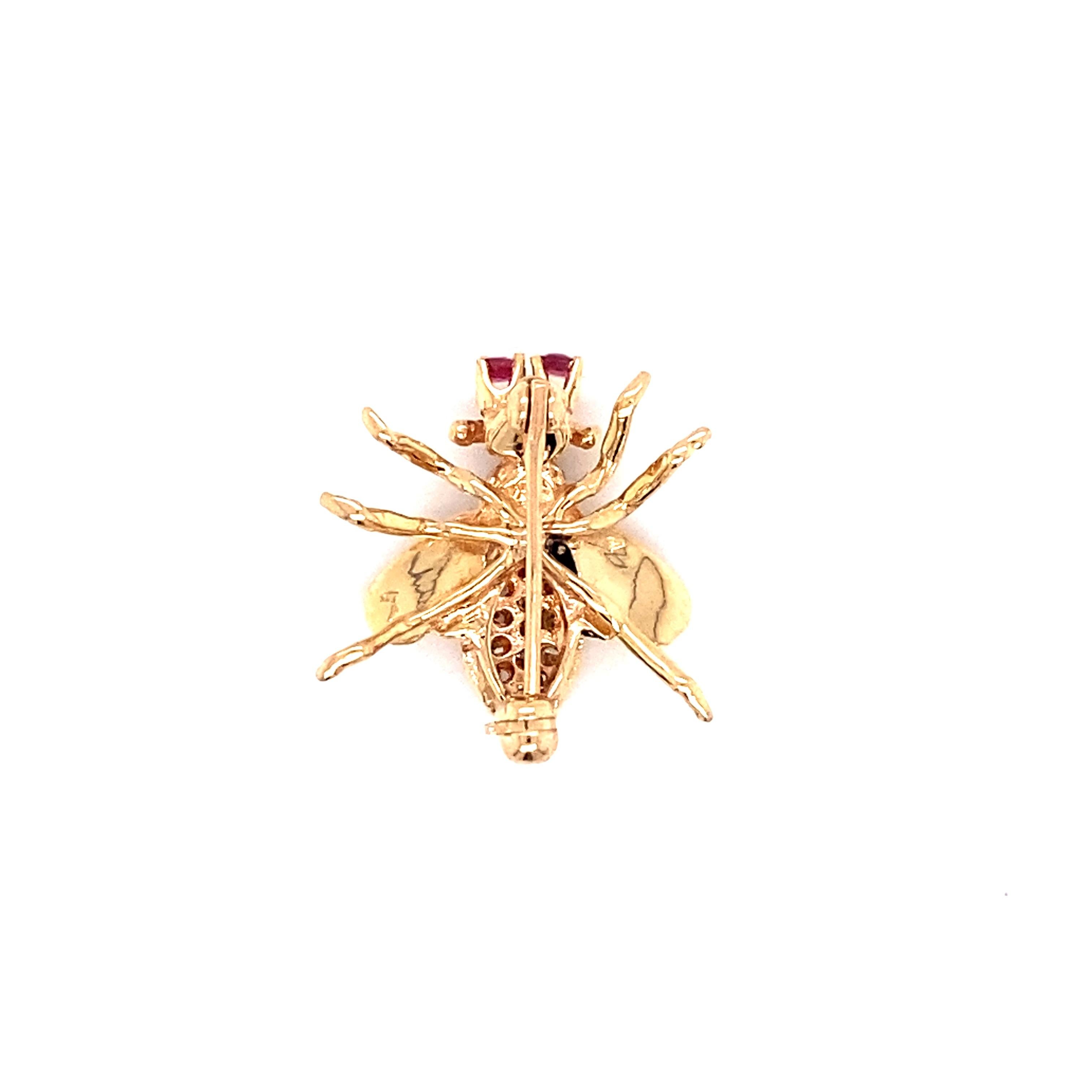 1980s Diamond Bee Pin with Ruby Eyes in 14 Karat Gold In Excellent Condition In Atlanta, GA