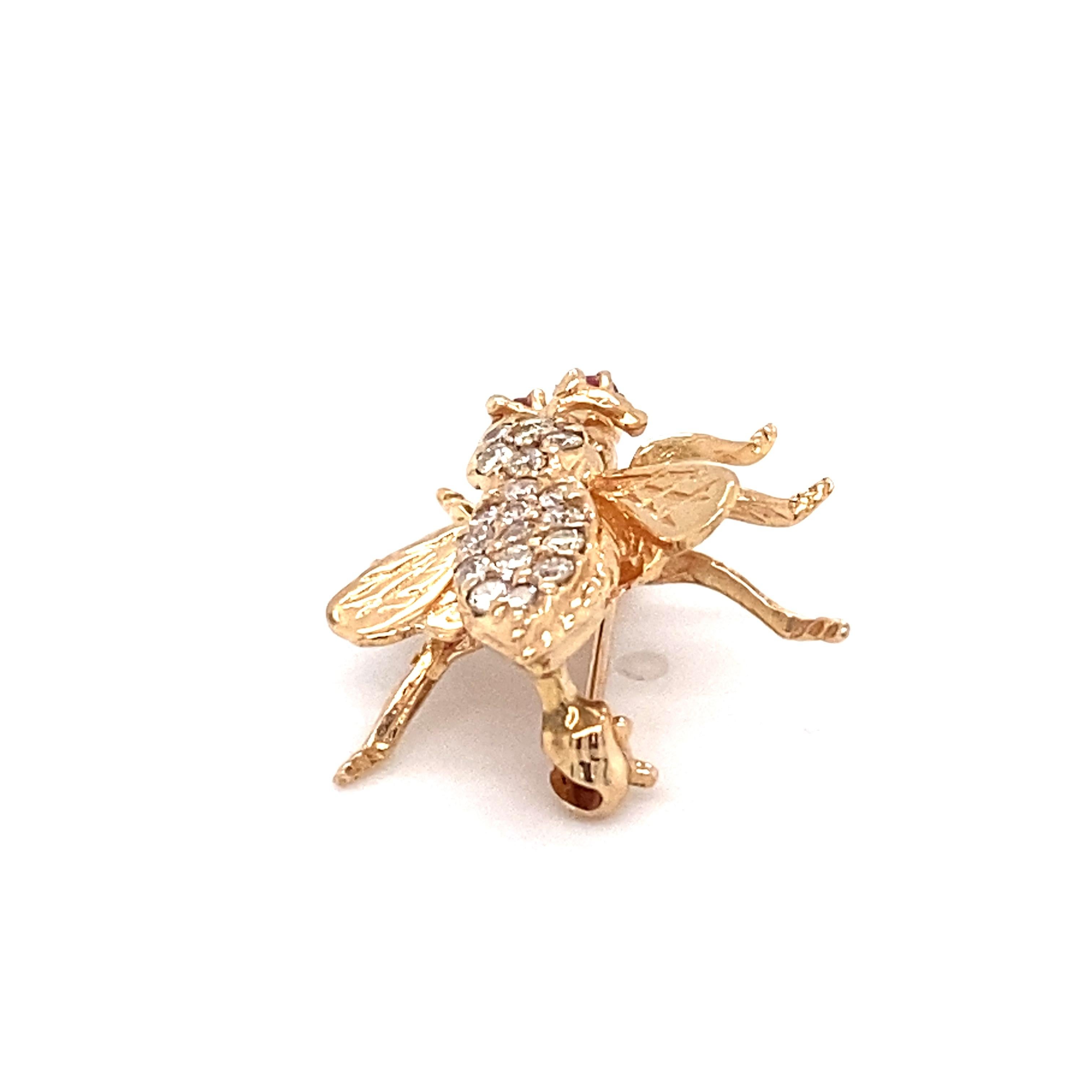 Women's or Men's 1980s Diamond Bee Pin with Ruby Eyes in 14 Karat Gold