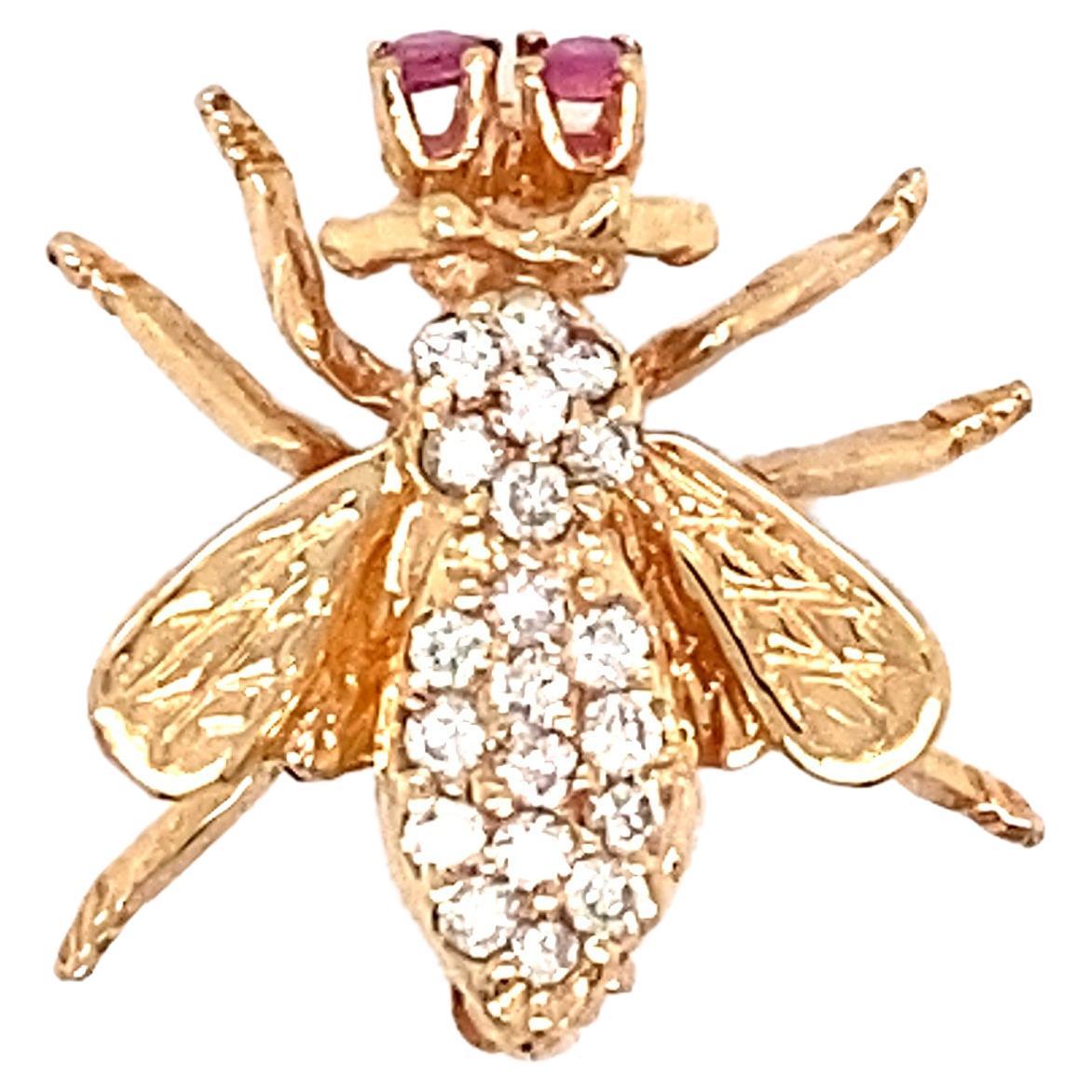 1980s Diamond Bee Pin with Ruby Eyes in 14 Karat Gold