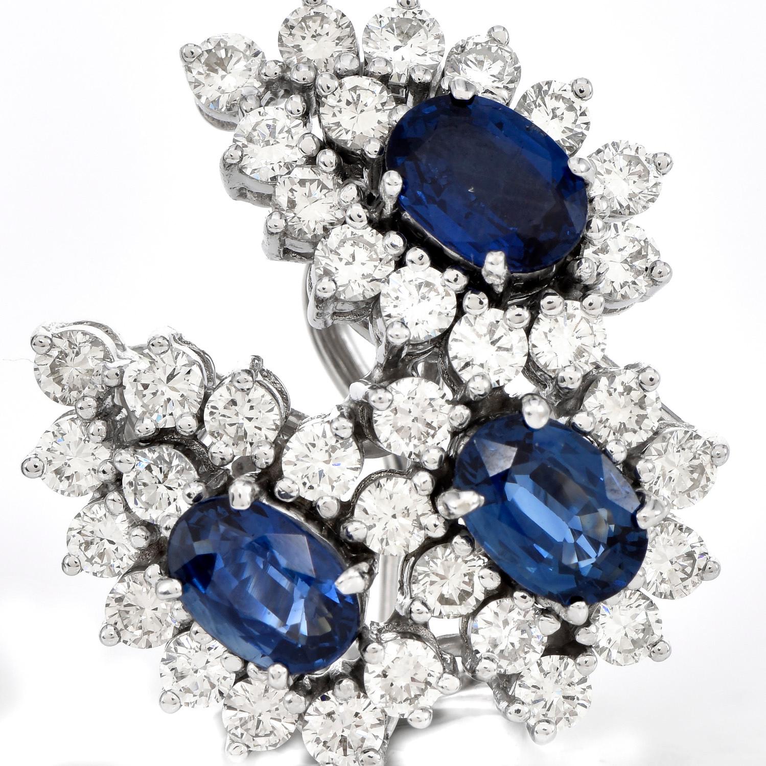 1980's Diamond Blue 16.79cts Sapphire 18K Gold Floral Clip On Earrings In Excellent Condition In Miami, FL