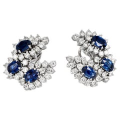 1980's Diamond Blue 16.79cts Sapphire 18K Gold Floral Clip On Earrings