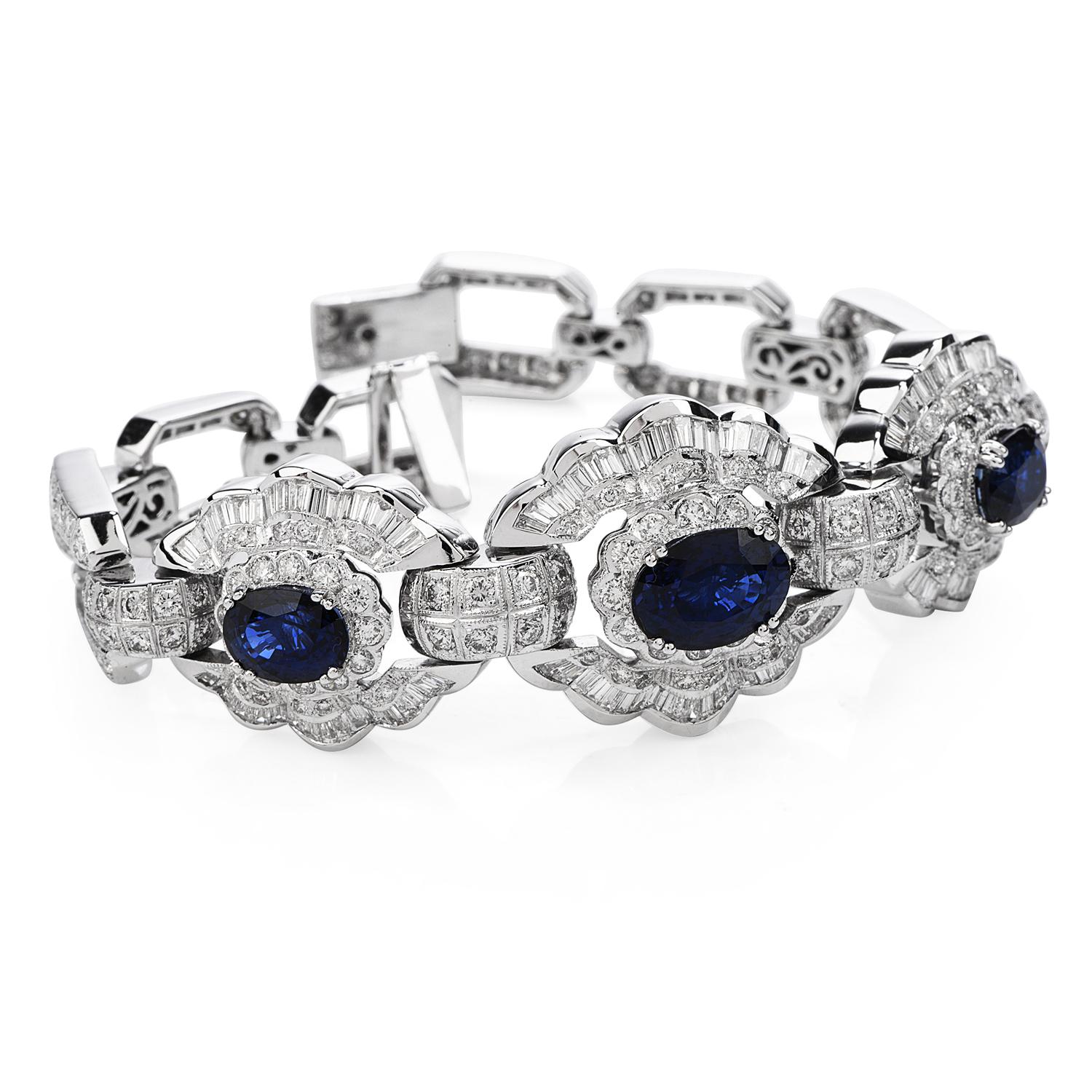Your wrist will be astounding with this large Blue Sapphire & Diamond 18K White Gold Floral Design Bracelet. 

This bracelet has 3 Oval Cut Blue Sapphire with Prong set with approximately 8.16 Carats.

The bracelet is surrounded by approximately 258