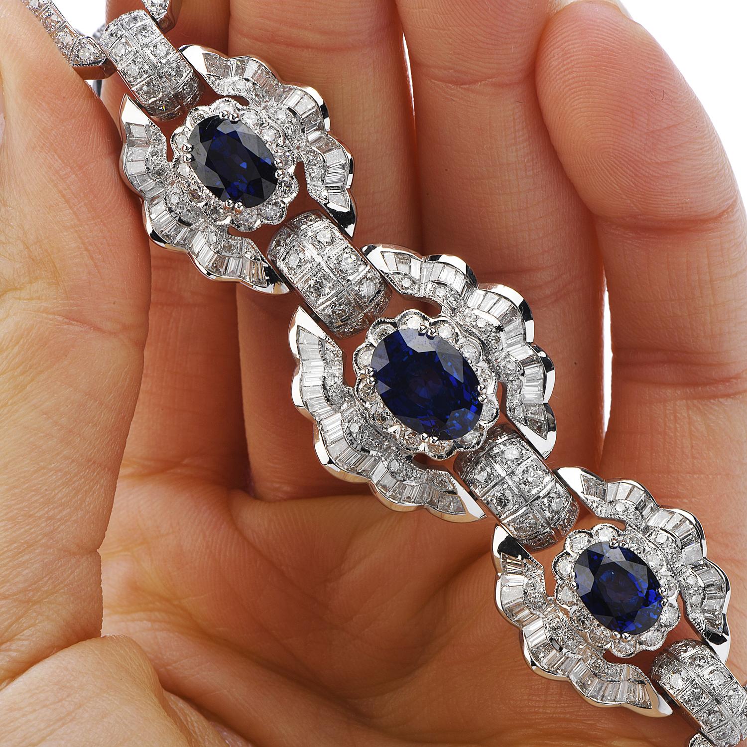 Women's or Men's 1980's Diamond Blue Sapphire 18K Gold Floral Link Bracelet
