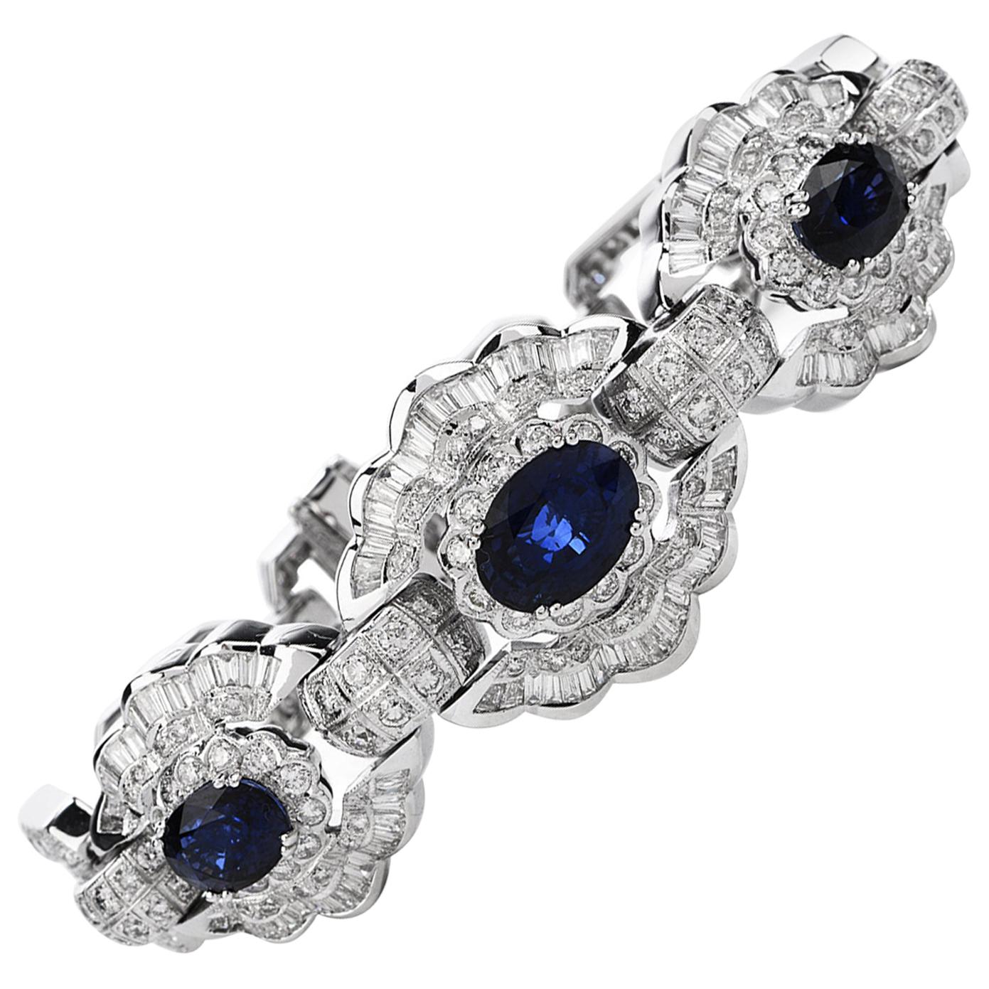 1980's Diamond Blue Sapphire 18K Gold Floral Link Bracelet