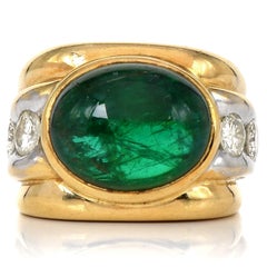 1980s Diamond Cabochon Emerald 18K Gold Wide Mens Ring