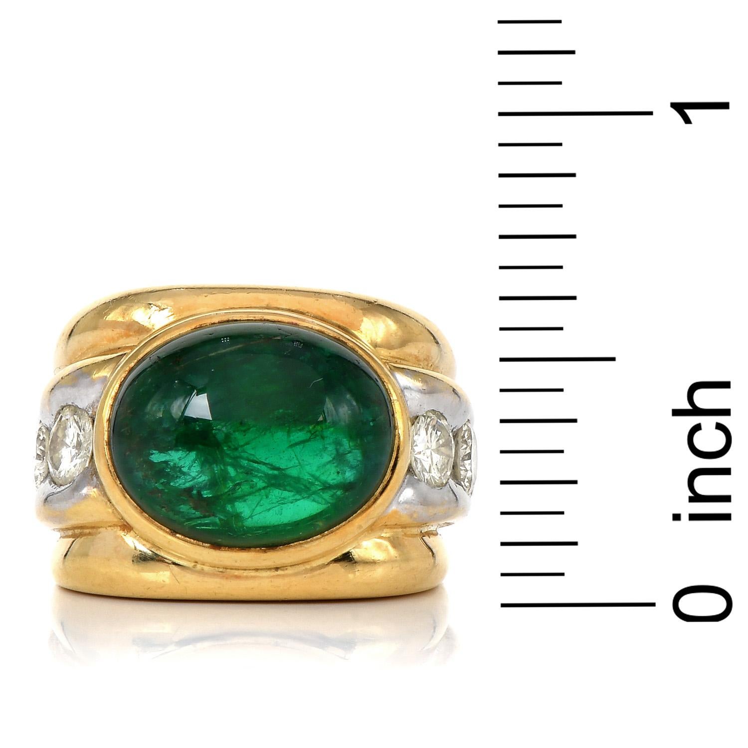 Modern 1980s Diamond Cabochon Emerald 18K Gold Wide Mens Ring