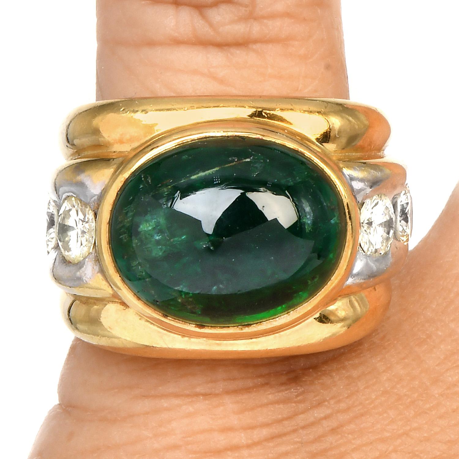 Emerald Cut 1980s Diamond Cabochon Emerald 18K Gold Wide Mens Ring