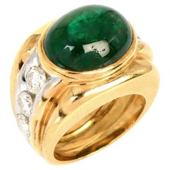1980s Diamond Cabochon Emerald 18K Gold Wide Mens Ring